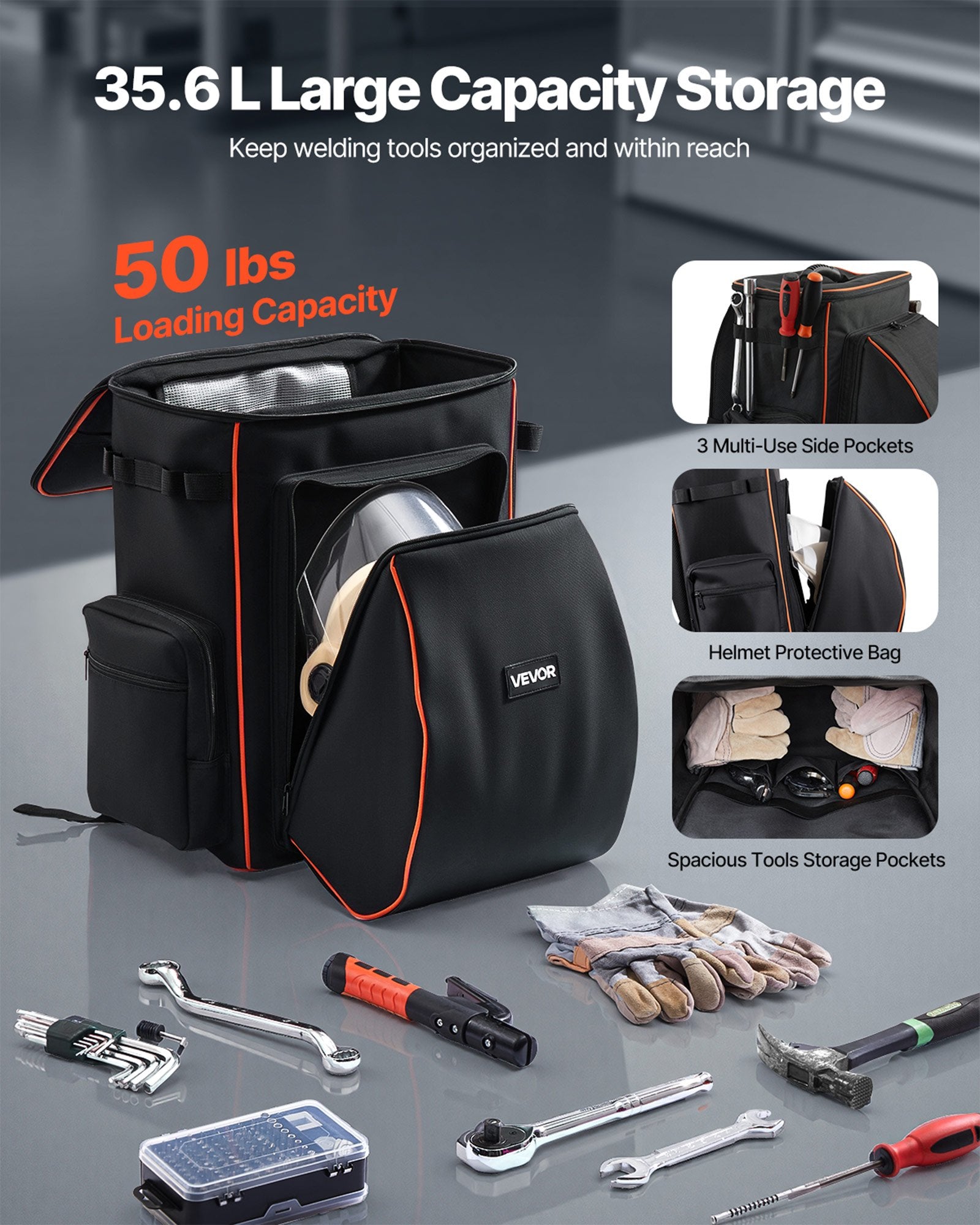 VEVOR 35.6L Welding Backpack 600D Polyester Welder Backpack for Tools and Helmet