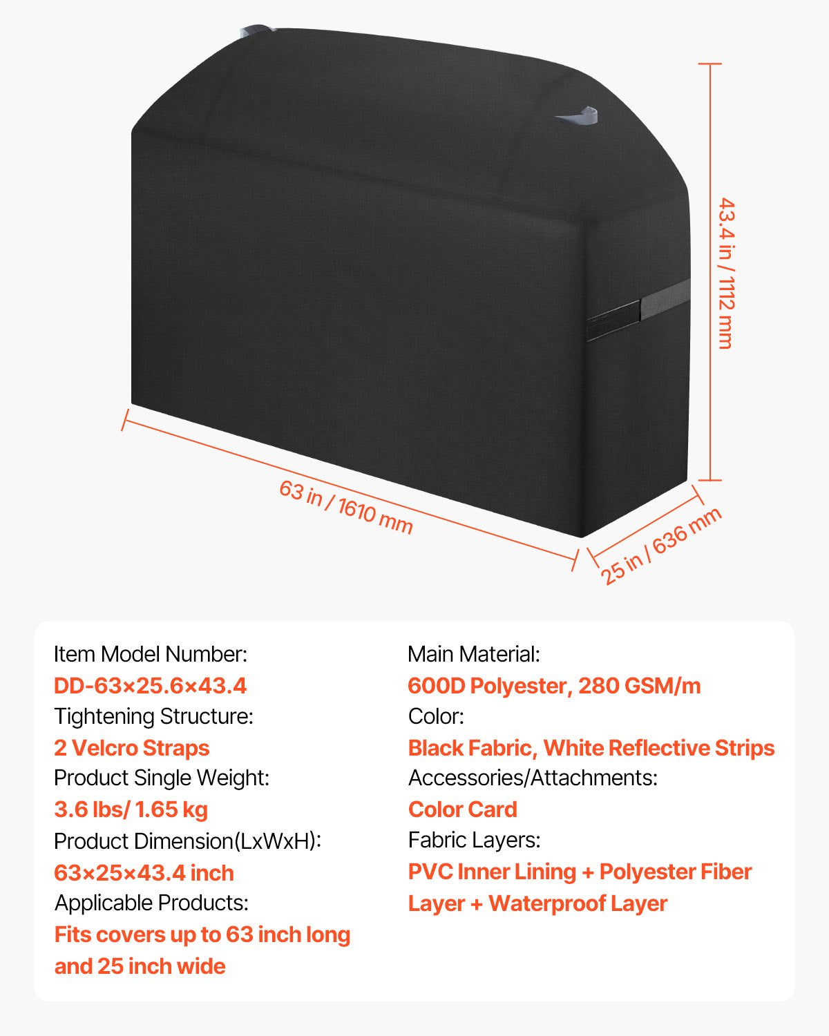 VEVOR Grill Cover, 63 inch BBQ Covers for Outdoor Grills, Waterproof, Fade Resistant, Weather Resistant Heavy Duty 600D Polyester, Easy On/Off, with Hook-and-Loop Straps, Black