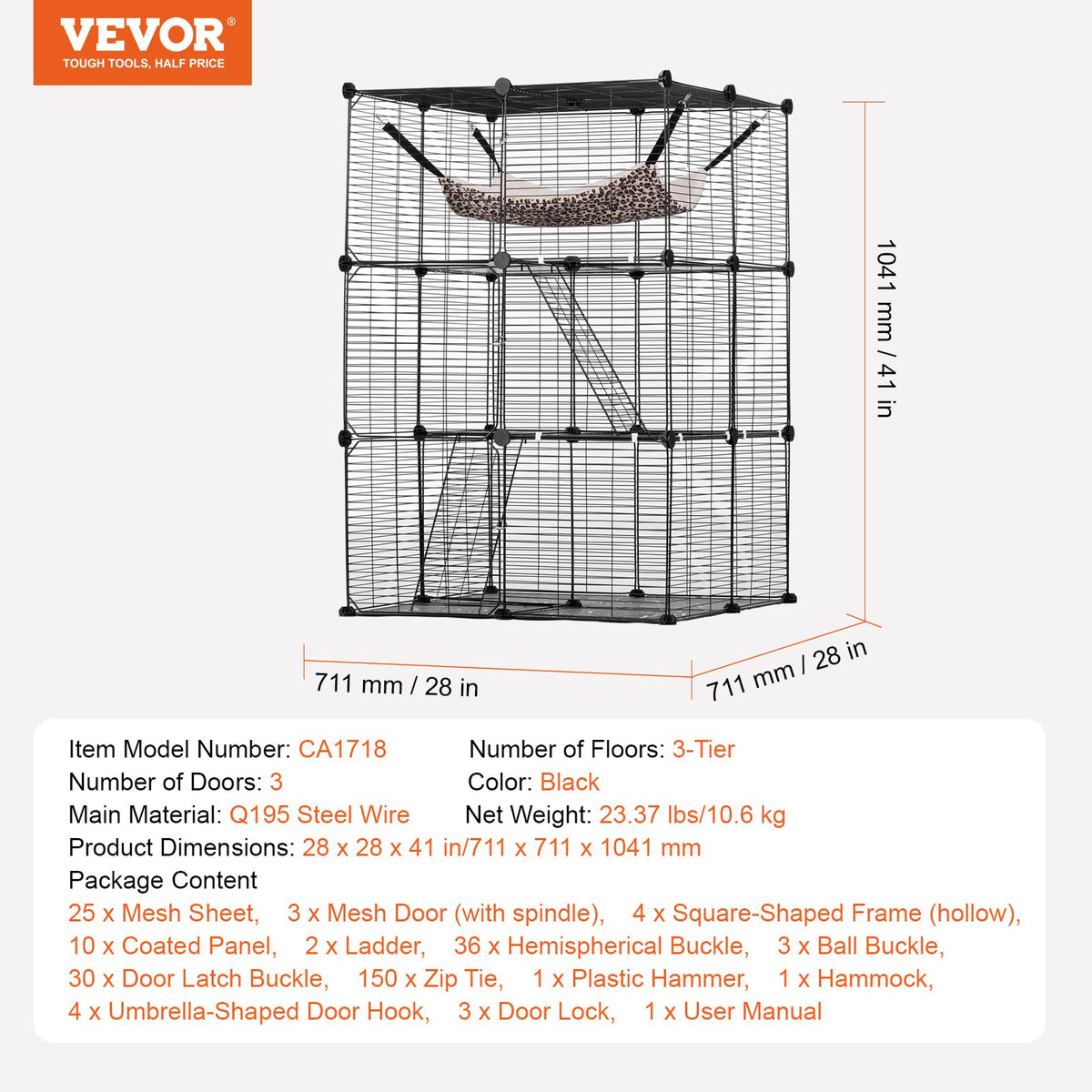 VEVOR Large 3-tier Cat Cage, 28 x 28 x 41", DIY Detachable Metal Wire Durable Cat Enclosure, with Large Hammock 2 Ramp Ladders, Fit for Cats Exercise Indoor ＆ Outdoor, Ease of Assembly, Black