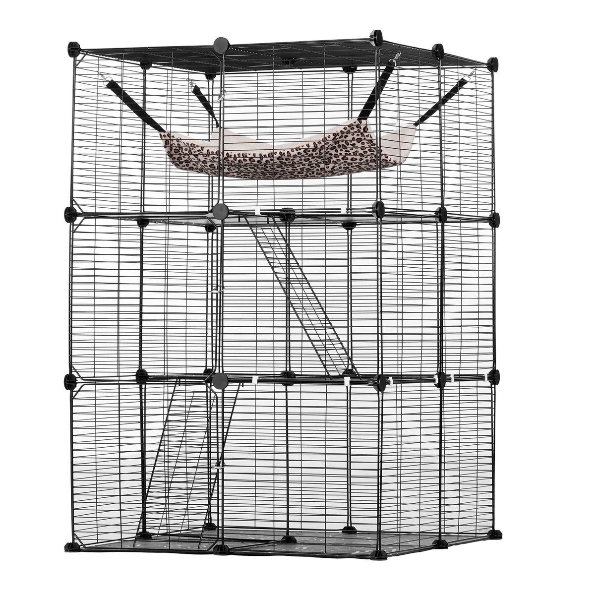 VEVOR Large 3-tier Cat Cage, 28 x 28 x 41", DIY Detachable Metal Wire Durable Cat Enclosure, with Large Hammock 2 Ramp Ladders, Fit for Cats Exercise Indoor ＆ Outdoor, Ease of Assembly, Black