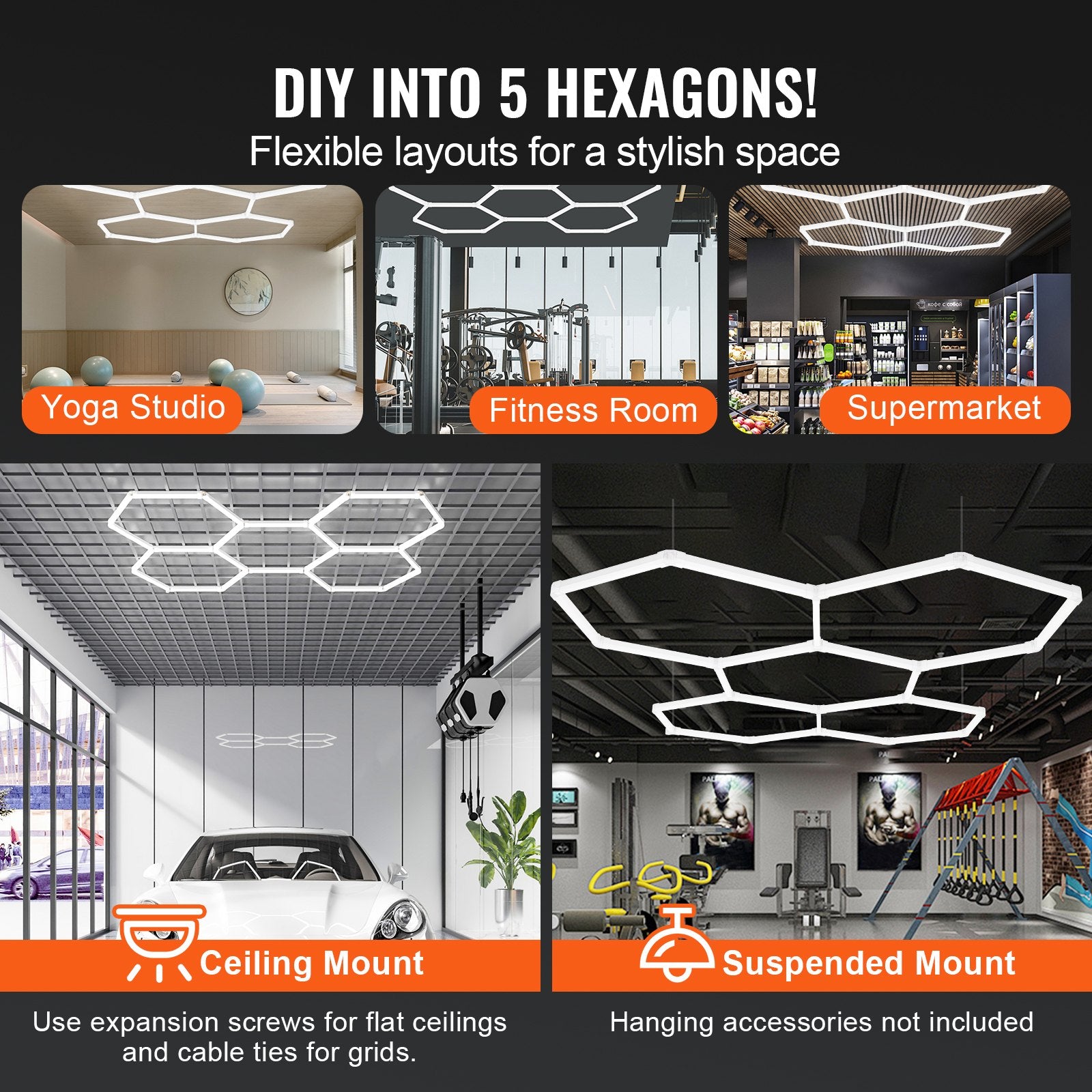 VEVOR Hexagon Garage Lights, 26400LM, 6500K 5 Grid Systems Honeycomb Hexagonal Garage LED Lights, DIY Cool White Car Detailing Garage Ceiling Lighting Bright Shop Light for Gym Basement Workshop
