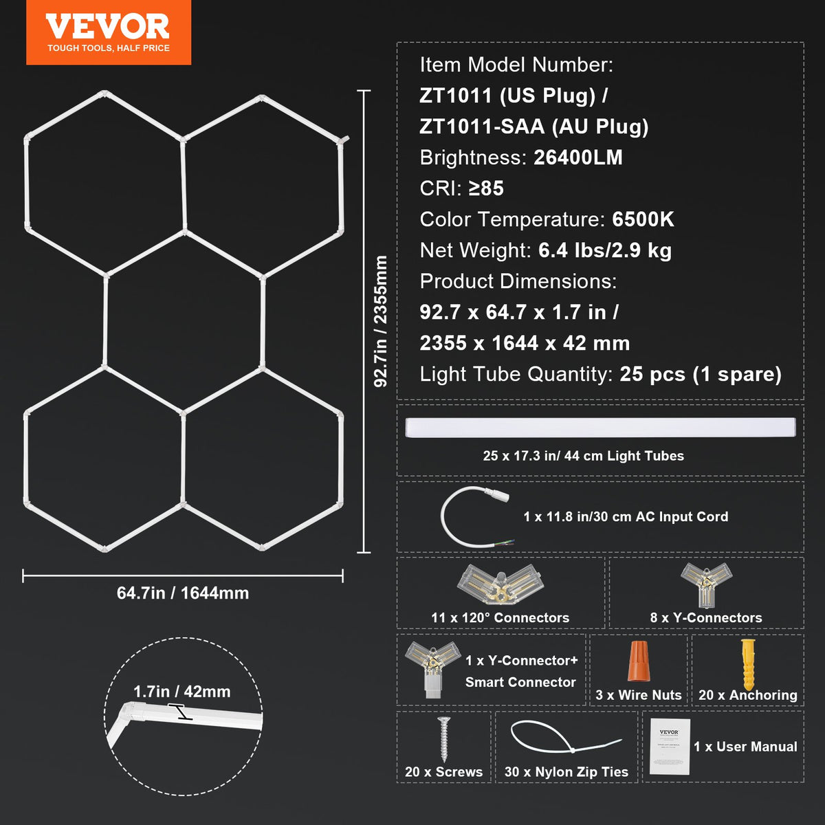 VEVOR Hexagon Garage Lights, 26400LM, 6500K 5 Grid Systems Honeycomb Hexagonal Garage LED Lights, DIY Cool White Car Detailing Garage Ceiling Lighting Bright Shop Light for Gym Basement Workshop
