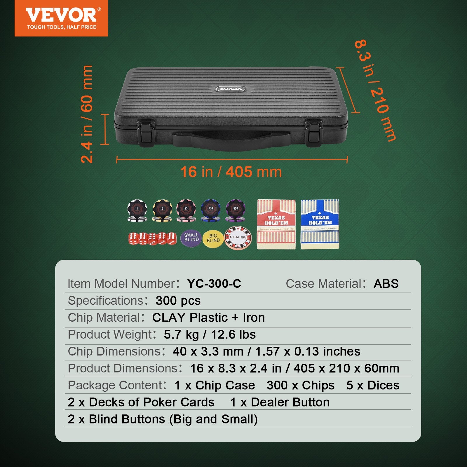 VEVOR Poker Chip Set, 300-Piece Poker Set, Complete Poker Playing Game Set with Carrying  Case, Heavyweight 14 Gram Casino Clay Chips, Cards, Buttons and Dices, for Texas Hold'em, Blackjack, Gambling