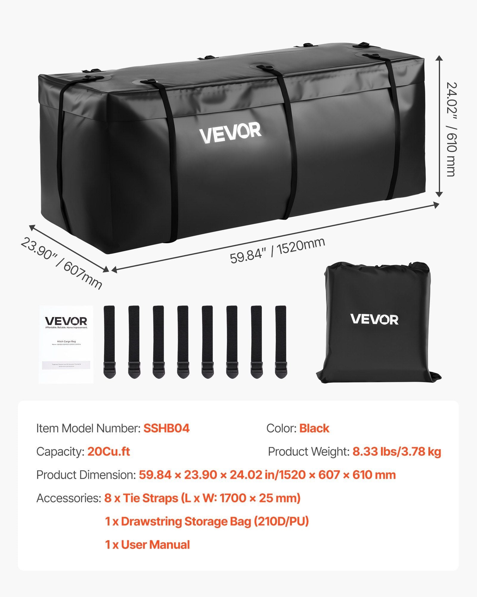 Hitch Cargo Carrier Bag, Waterproof 840D PVC, 152 x 60.7 x 61 cm (20 Cubic Feet), Heavy Duty Cargo Bag for Truck Bed Storage with 8 Reinforced Straps, Suitable for Car SUV Vans Hitch Basket
