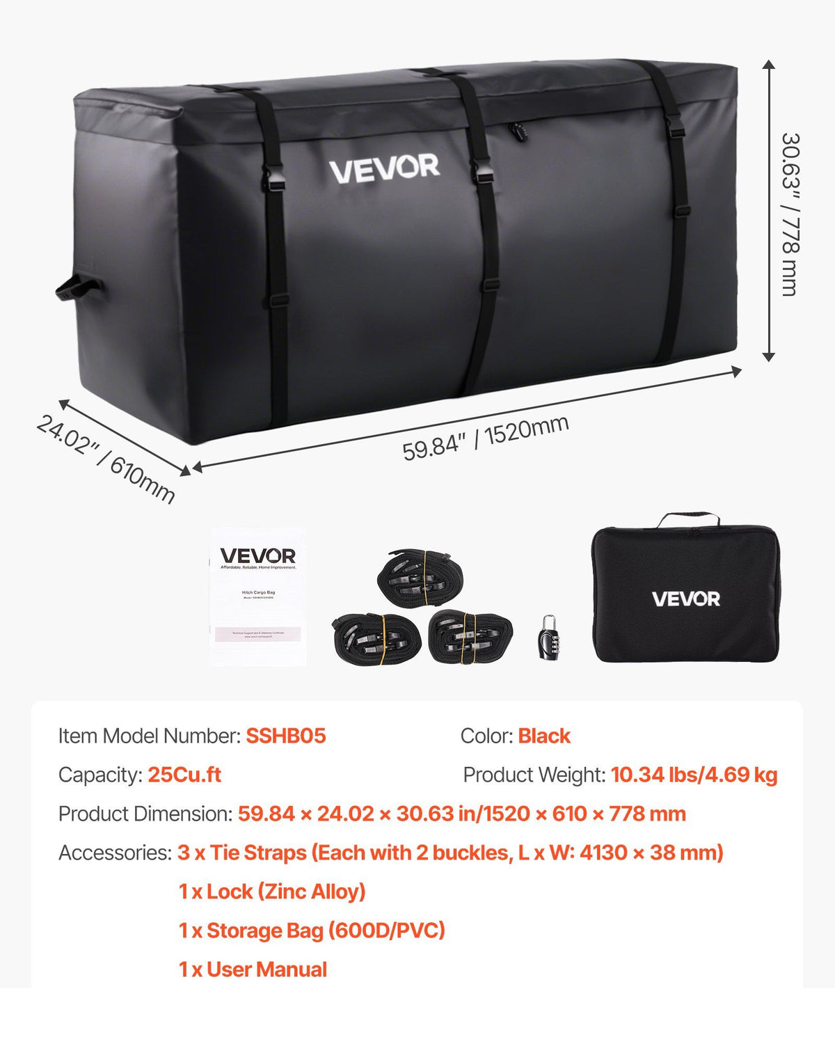 Hitch Cargo Carrier Bag, Waterproof 840D PVC, 152 x 61 x 77.8 cm (25 Cubic Feet), Heavy Duty Cargo Bag for Truck Bed Storage with Reinforced Straps, Suitable for Car SUV Vans Hitch Basket