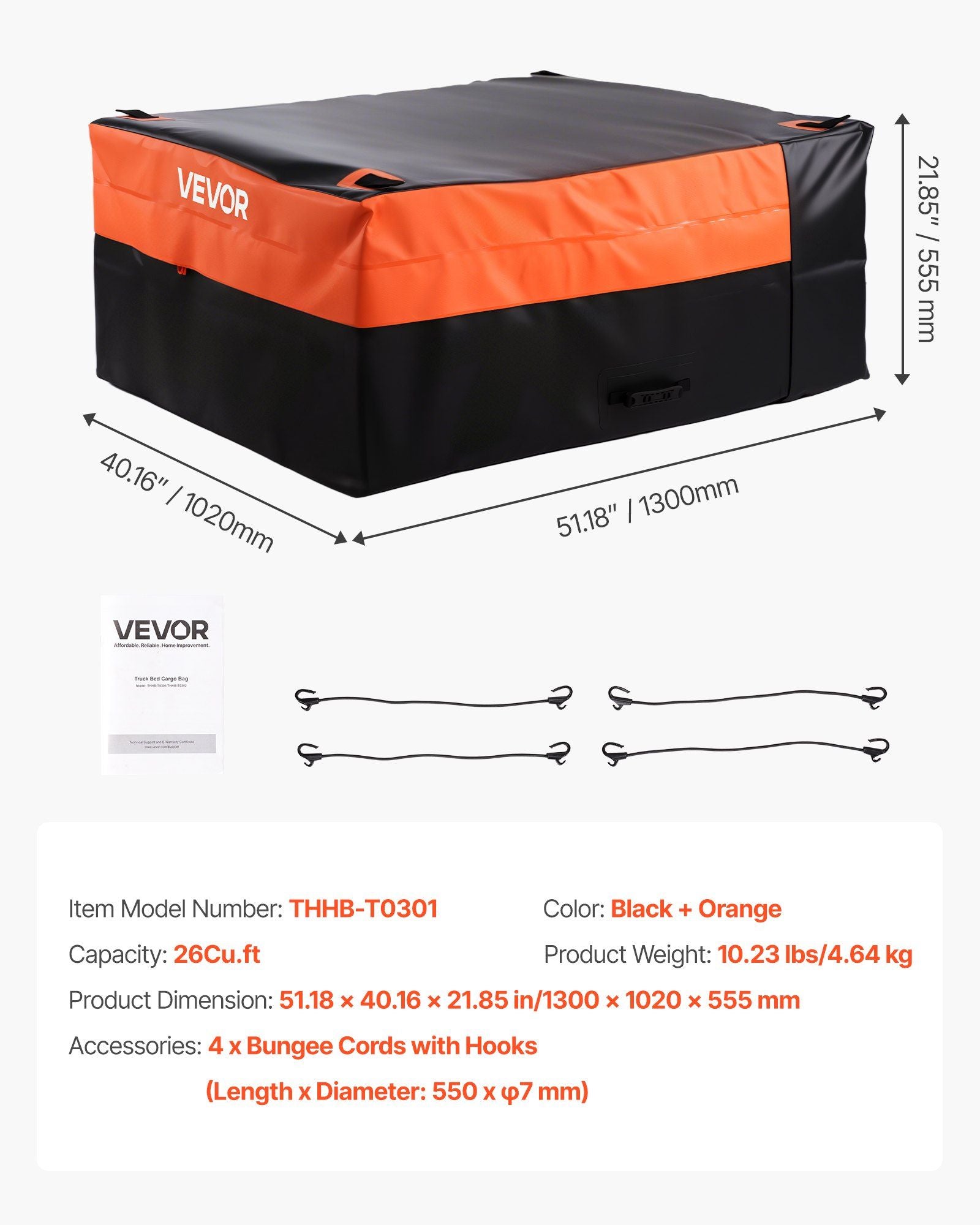 Truck Bed Cargo Bag, Waterproof 840D PVC, 130 x 102 x 55.5 cm (26 Cubic Feet), Heavy Duty Cargo Bag for Truck Bed with 4 Bungee Cords with Hooks, Fits a Variety of SUV and Pickup Trucks