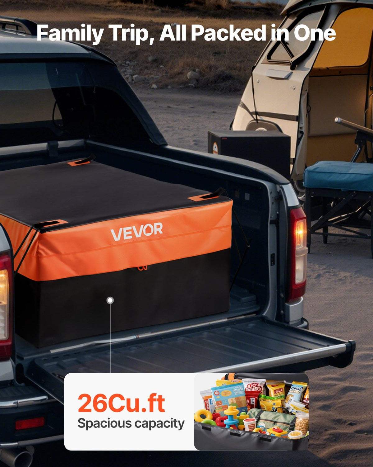 Truck Bed Cargo Bag, Waterproof 840D PVC, 130 x 102 x 55.5 cm (26 Cu. ft), Heavy Duty Cargo Bag for Truck Bed with Bungee Cords, Net and Carabiners, Fits a Variety of SUV & Pickup Trucks