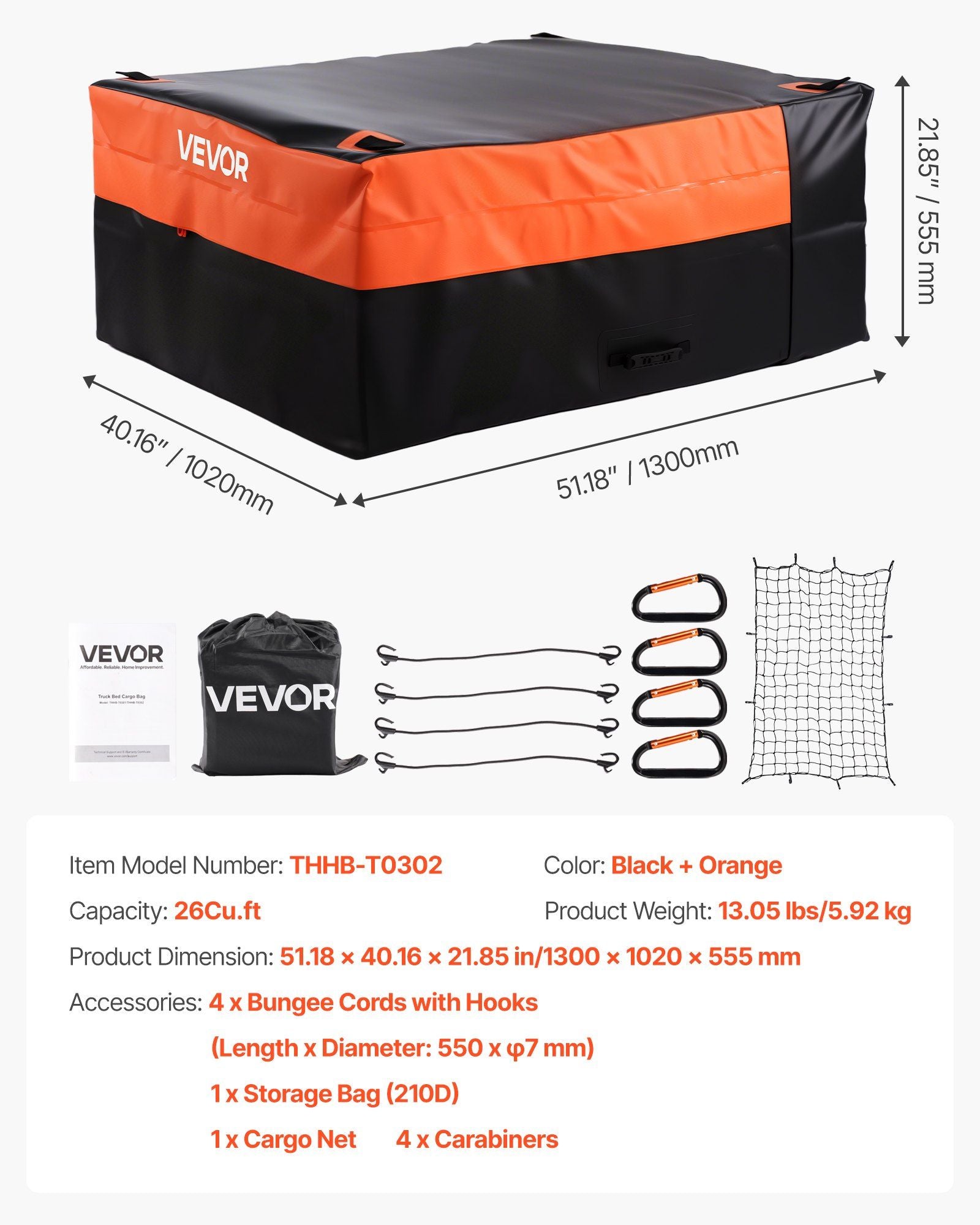 Truck Bed Cargo Bag, Waterproof 840D PVC, 130 x 102 x 55.5 cm (26 Cu. ft), Heavy Duty Cargo Bag for Truck Bed with Bungee Cords, Net and Carabiners, Fits a Variety of SUV & Pickup Trucks