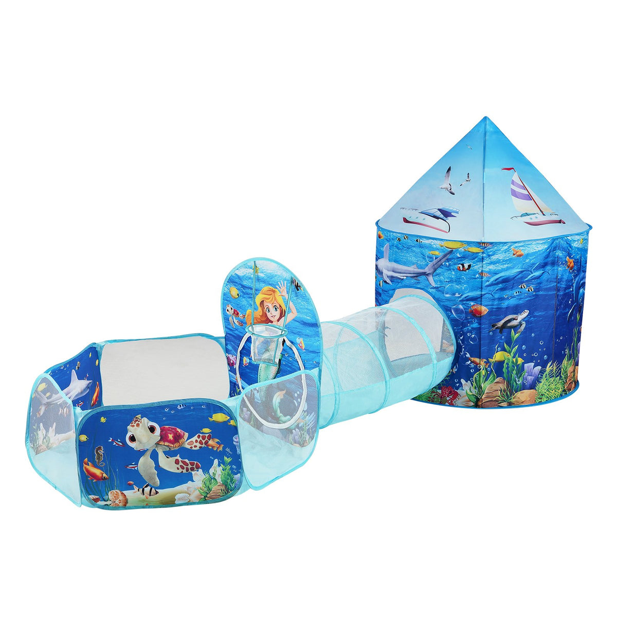 VEVOR 3 in 1 Kids Play Tent with Tunnel, Basketball Hoop for Boys, Girls, Babies and Toddlers, Indoor/Outdoor Pop Up Playhouse with Carrying Bag &amp; Banding Straps Birthday Gifts, Blue Ocean