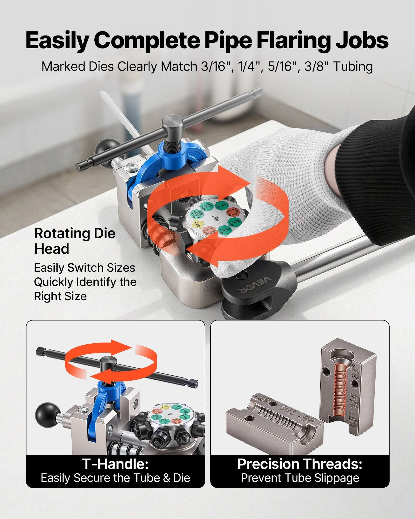 Professional Brake Line Flaring Tool, 45 Degree Double Flare Bubble Flare Tool Kit for 4.76mm, 6.35mm, 7.94mm, 9.52mm Copper Aluminum Thin Steel Tubes