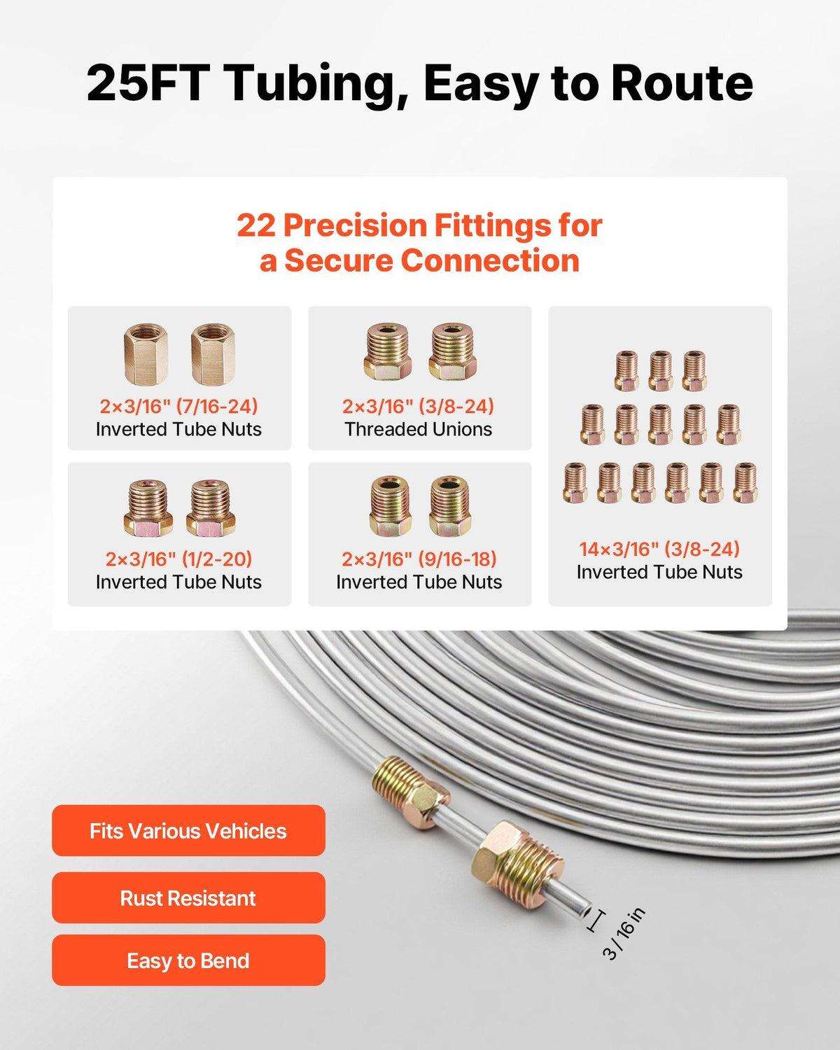 Brake Line Repair Kit, 45° Single Brake Line Flaring Tool Kit, 7.6m x 4.76mm Copper-Coated Brake Line with 20 Fittings & 2 Unions, 3-in-1 Tube Bender, Tube Cutter Included