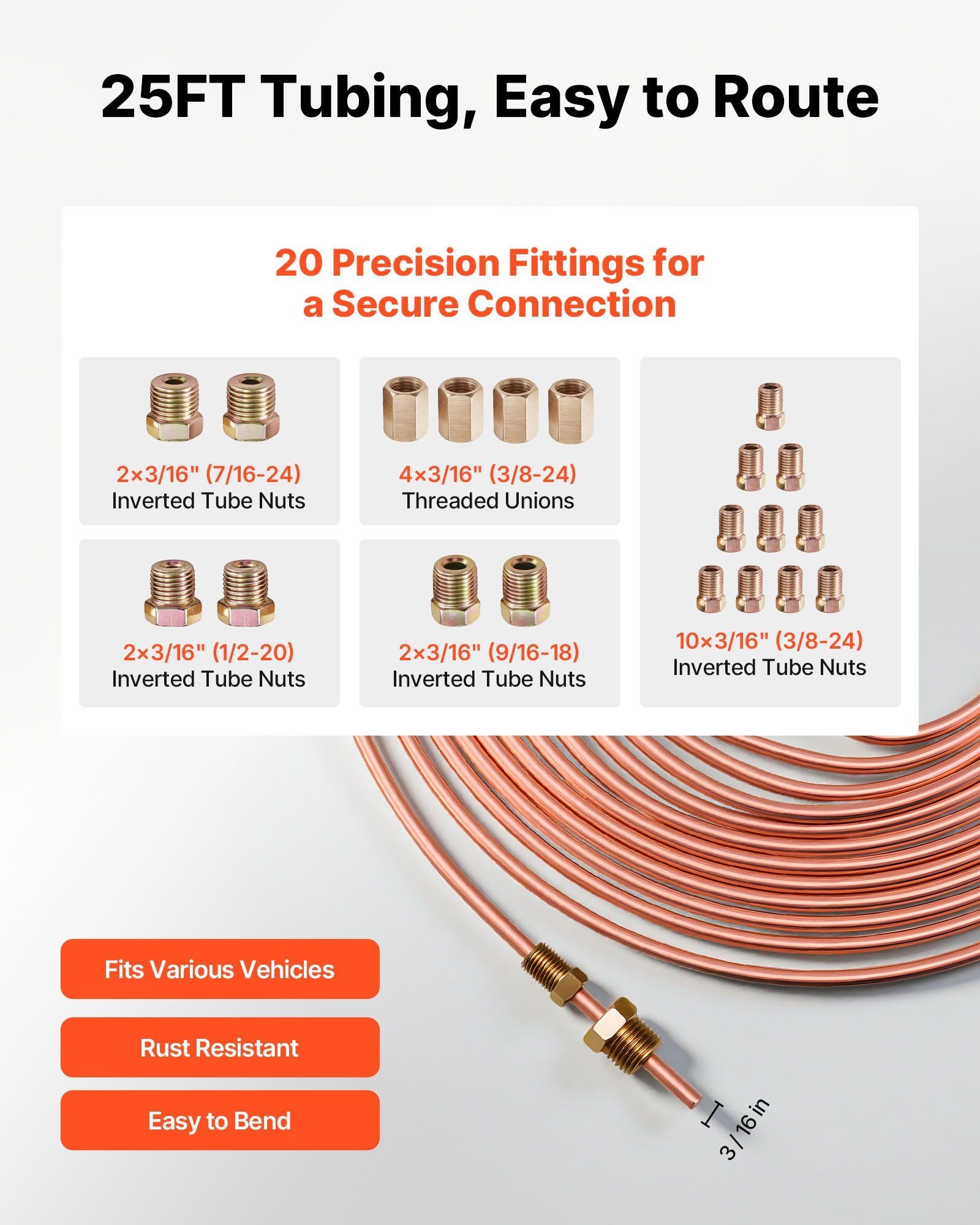 Brake Line Repair Kit, 45° Double & Single Brake Line Flaring Tool Kit, 7.6m x 4.76mm Copper Coated Brake Line (with 16 Fittings & 4 Unions) - Tube Cutter, 5 Adapters and Toolbox Included