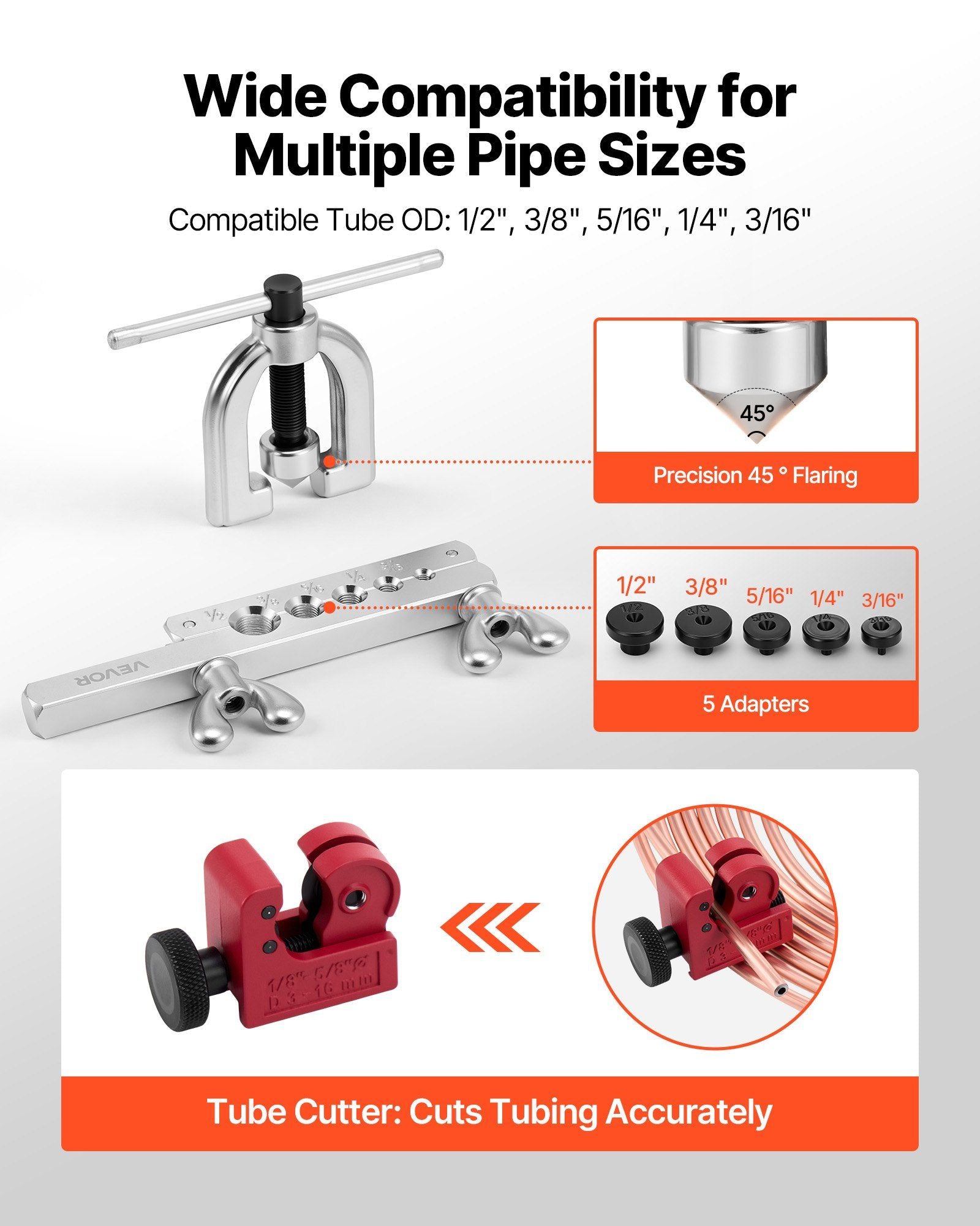Brake Line Repair Kit, 45° Double & Single Brake Line Flaring Tool Kit, 7.6m x 4.76mm Copper Coated Brake Line (with 16 Fittings & 4 Unions) - Tube Cutter, 5 Adapters and Toolbox Included