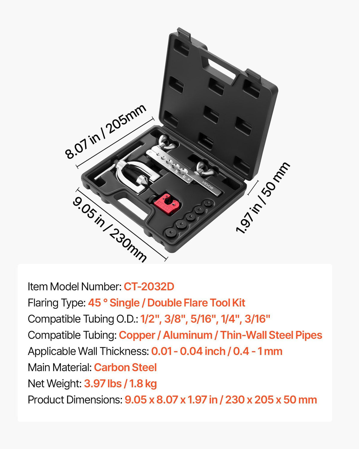 Brake Line Repair Kit, 45° Double & Single Brake Line Flaring Tool Kit, 7.6m x 4.76mm Copper Coated Brake Line (with 16 Fittings & 4 Unions) - Tube Cutter, 5 Adapters and Toolbox Included