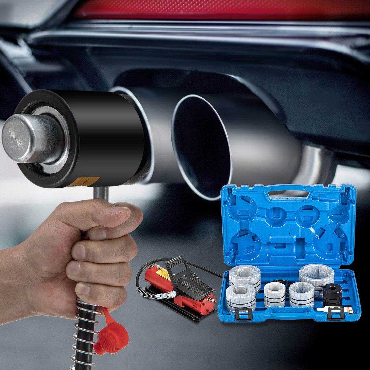 Hydraulic Exhaust Pipe Expander, 1-5/8" to 4-1/4" Size, 10 T Pedal Pump Included with 4 Dies, 2 Storage Cases for Copper Aluminum Tubes in Car Repairing