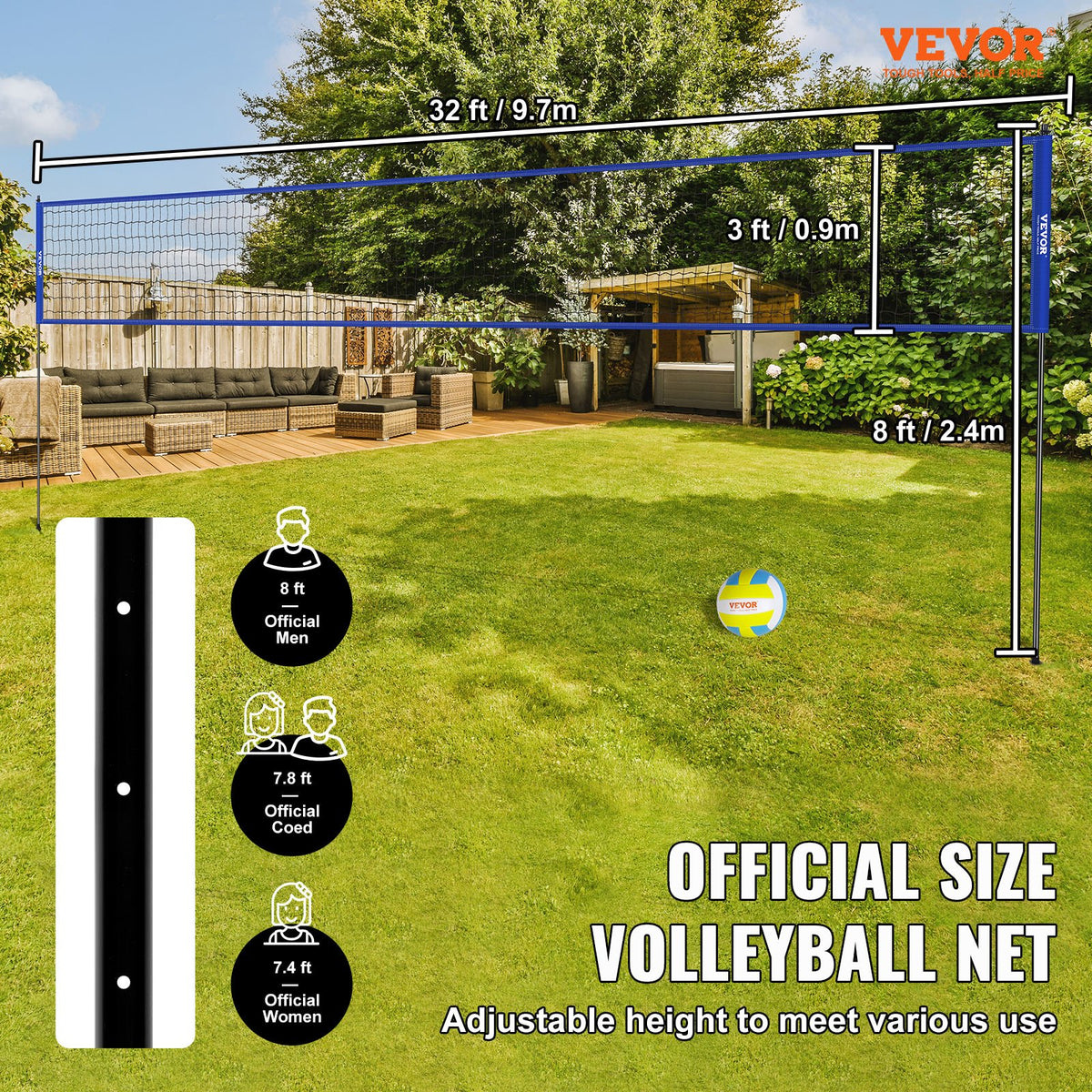 VEVOR Outdoor Portable Volleyball Net System, Adjustable Height Steel Poles, Professional Volleyball Set with PVC Volleyball, Pump, Carrying Bag, Heavy Duty Volleyball Net for Backyard, Beach, Lawn