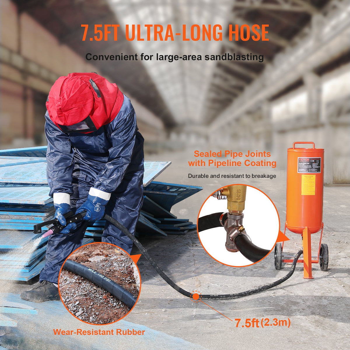 VEVOR 10 Gallon Heavy-Duty Sand Blaster, 60-110 PSI High Pressure Sandblaster, Portable Abrasive Blasting Tank, Air Sand Blasting Kit with 2 Ceramic Nozzles & 7.5ft Hose for Stain, Rust, Paint Removal