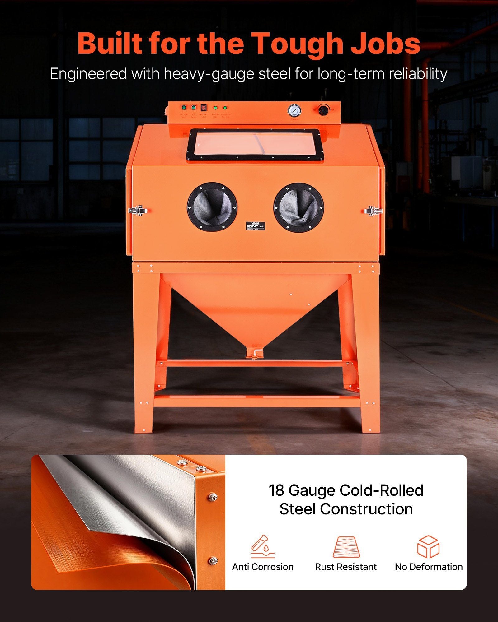 435L Sandblasting Cabinet, Heavy Duty Steel Sand Blaster with Dual Blasting Guns Kit, 117L Media Hopper & 1200W Powerful Dust Collector for Oversized Parts Rust Removal, Surface Finishing