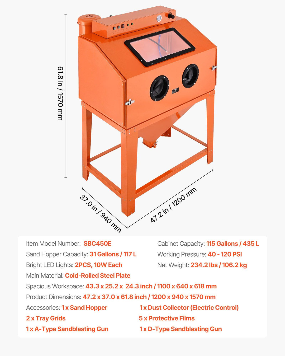 435L Sandblasting Cabinet, Heavy Duty Steel Sand Blaster with Dual Blasting Guns Kit, 117L Media Hopper & 1200W Powerful Dust Collector for Oversized Parts Rust Removal, Surface Finishing