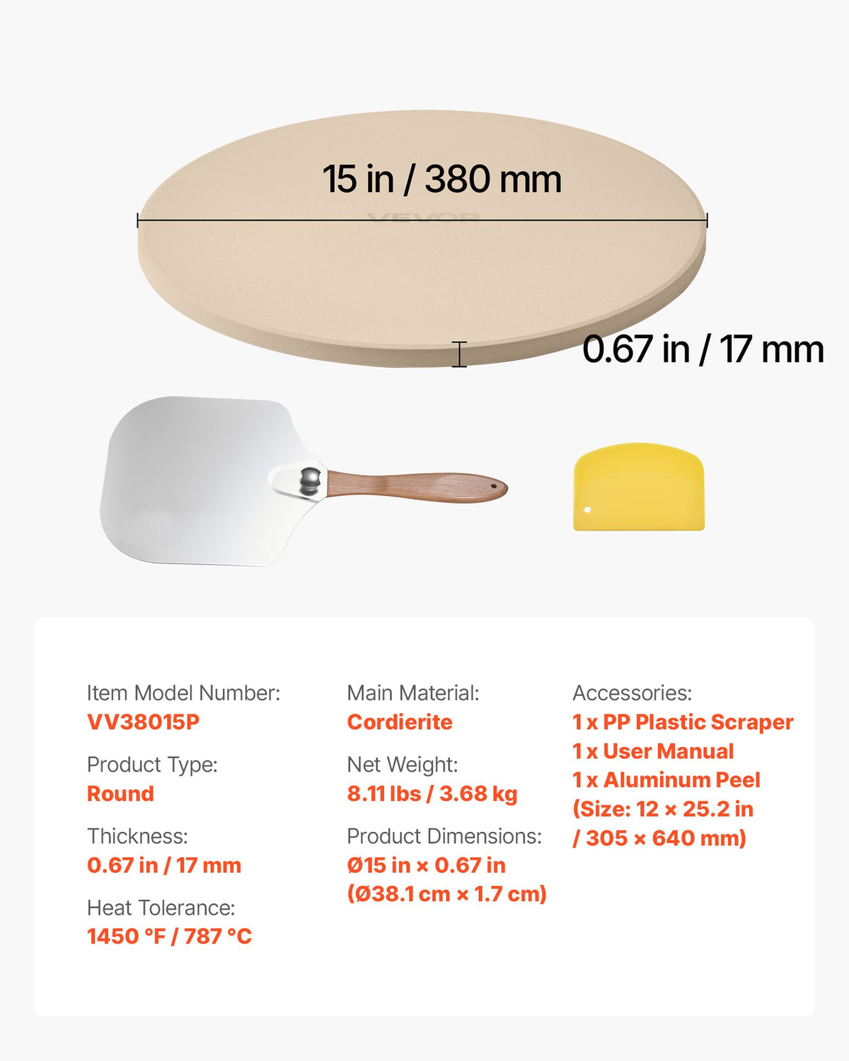 VEVOR Pizza Stone, 381 mm Round Cordierite Pizza Stone, Extra Large Baking-Stone with Aluminum Peel, 17 mm Thickness Heat-Resistant Cooking Cordierite, for Kitchen Oven, Baking Pizzas, BBQ Grilling