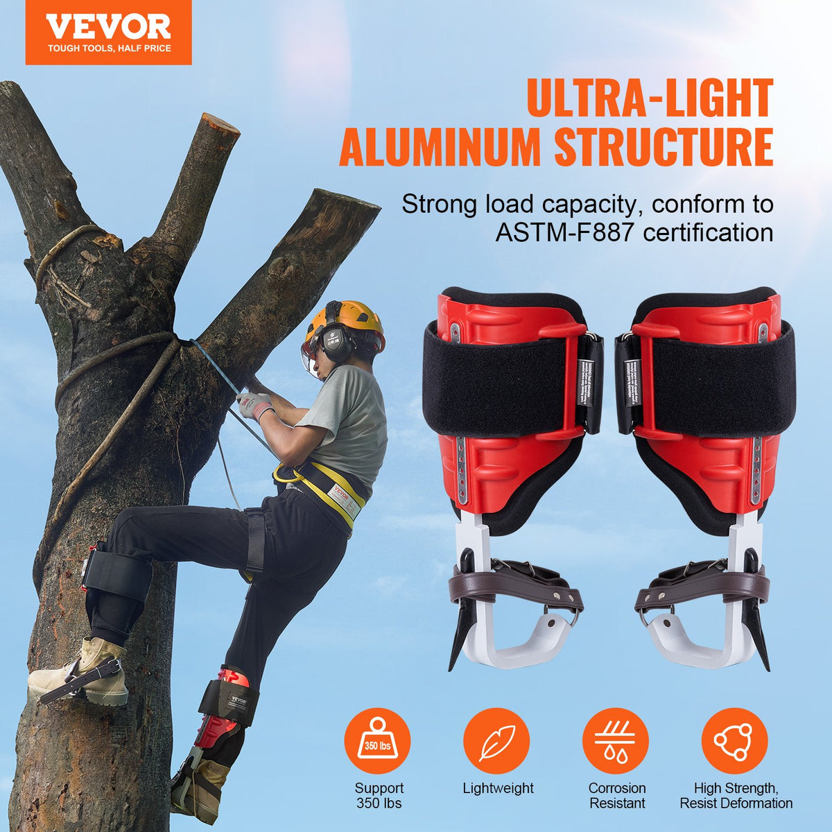 VEVOR Tree Climbing Spikes, 1 Pair Aluminum Climbing Spurs, 350lbs Load Capacity Tree Climbing Gear with Straps and Spike Protectors, Arborist Equipment for Climbers, Hunting, Fruit Picking, Red