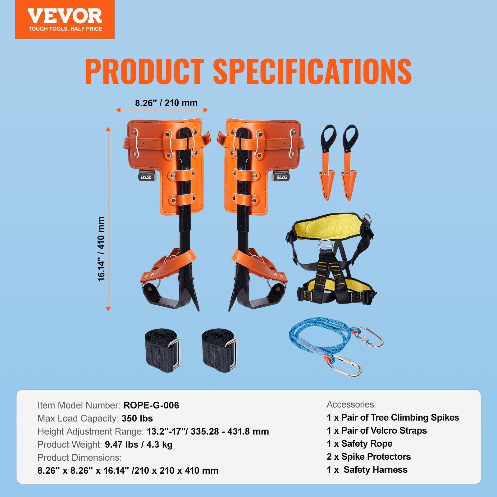 Tree Climbing Spikes Set, 1 Pair Alloy Steel Climbing Spurs with Safety Rope and Safety Harness, 350lbs Load Capacity Tree Climbing Gear, Arborist Equipment for Climbers, Fruit Picking, Orange