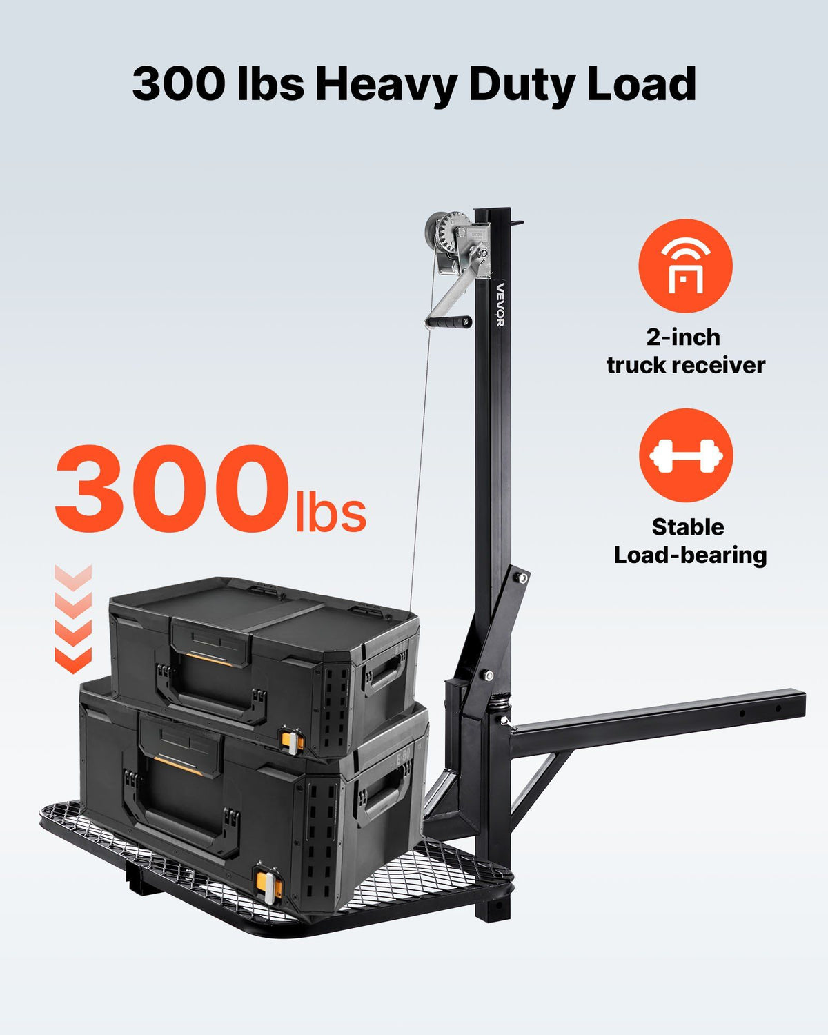 Hitch Deer Hoist with Lifting System Platform, 300 lbs Load Capacity, Game Hoist Winch Lift with 2-inch Receiver, 360-Degree Swivel Shaft & Foldable, Hitch-Mounted Deer Hanger for Moving Game