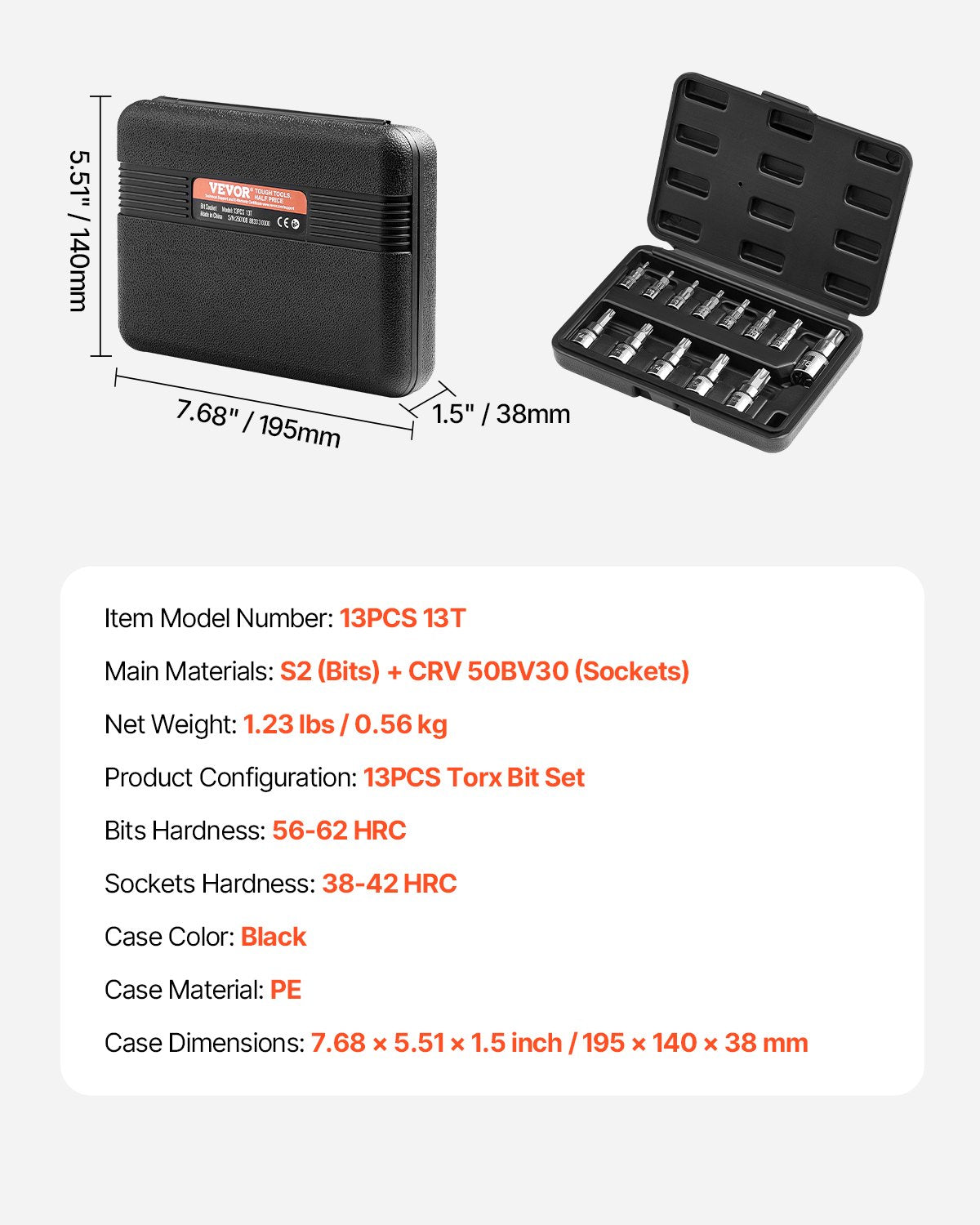 VEVOR Torx Bit Socket Set, 13-Piece Star T8 - T60 Set, S2 Alloy Steel and Cr-V Steel, 1/4 in, 3/8 in, and 1/2 in Drives, with Enhanced Storage Case, Torx Sockets for Hand Use, Mechanics, Auto Repair