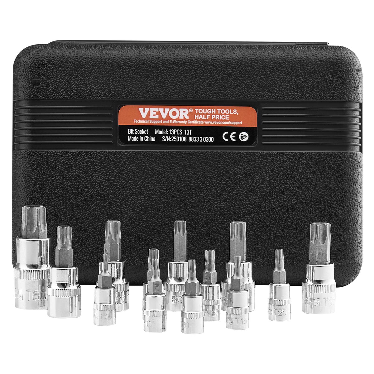 VEVOR Torx Bit Socket Set, 13-Piece Star T8 - T60 Set, S2 Alloy Steel and Cr-V Steel, 1/4 in, 3/8 in, and 1/2 in Drives, with Enhanced Storage Case, Torx Sockets for Hand Use, Mechanics, Auto Repair