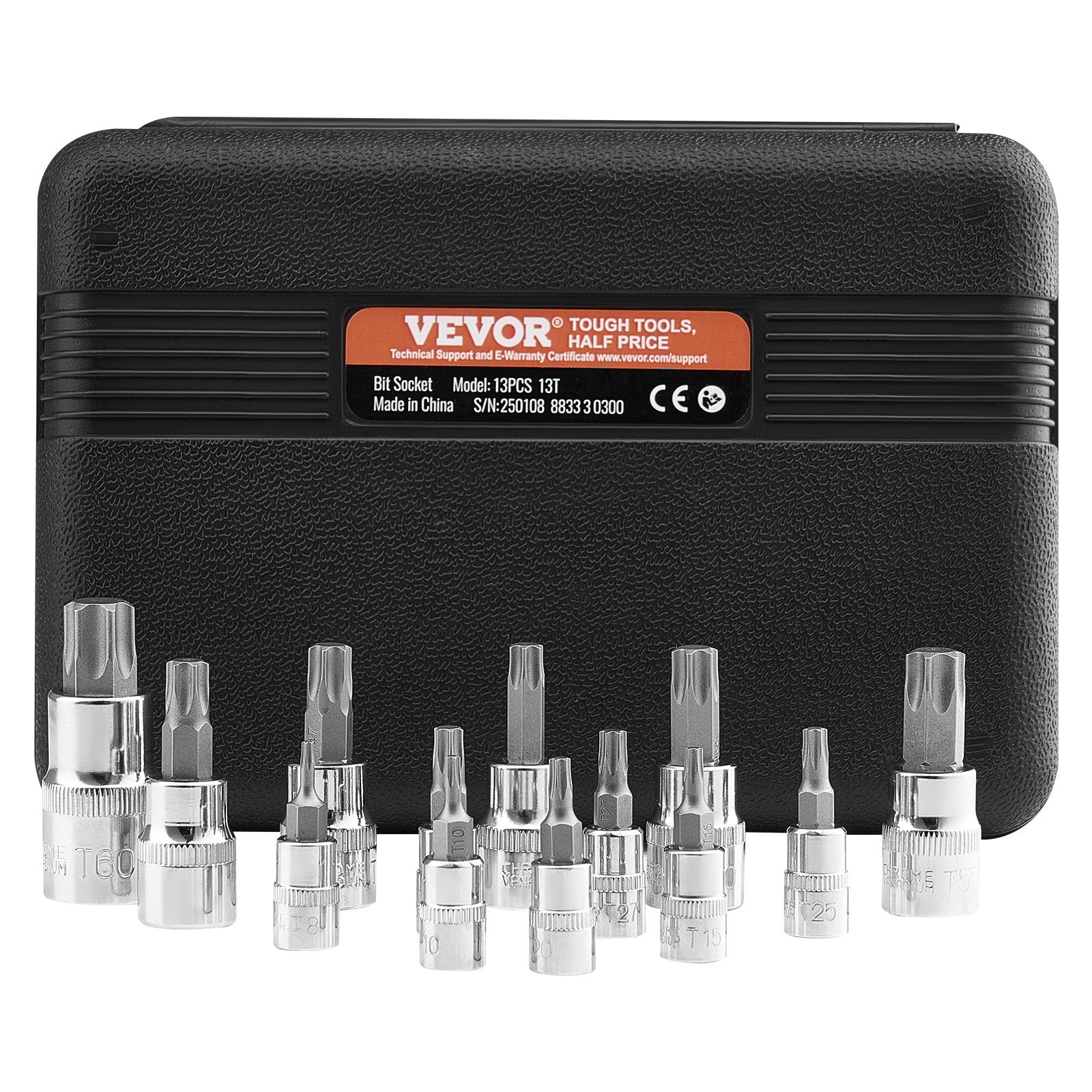 VEVOR Torx Bit Socket Set, 13-Piece Star T8 - T60 Set, S2 Alloy Steel and Cr-V Steel, 1/4 in, 3/8 in, and 1/2 in Drives, with Enhanced Storage Case, Torx Sockets for Hand Use, Mechanics, Auto Repair