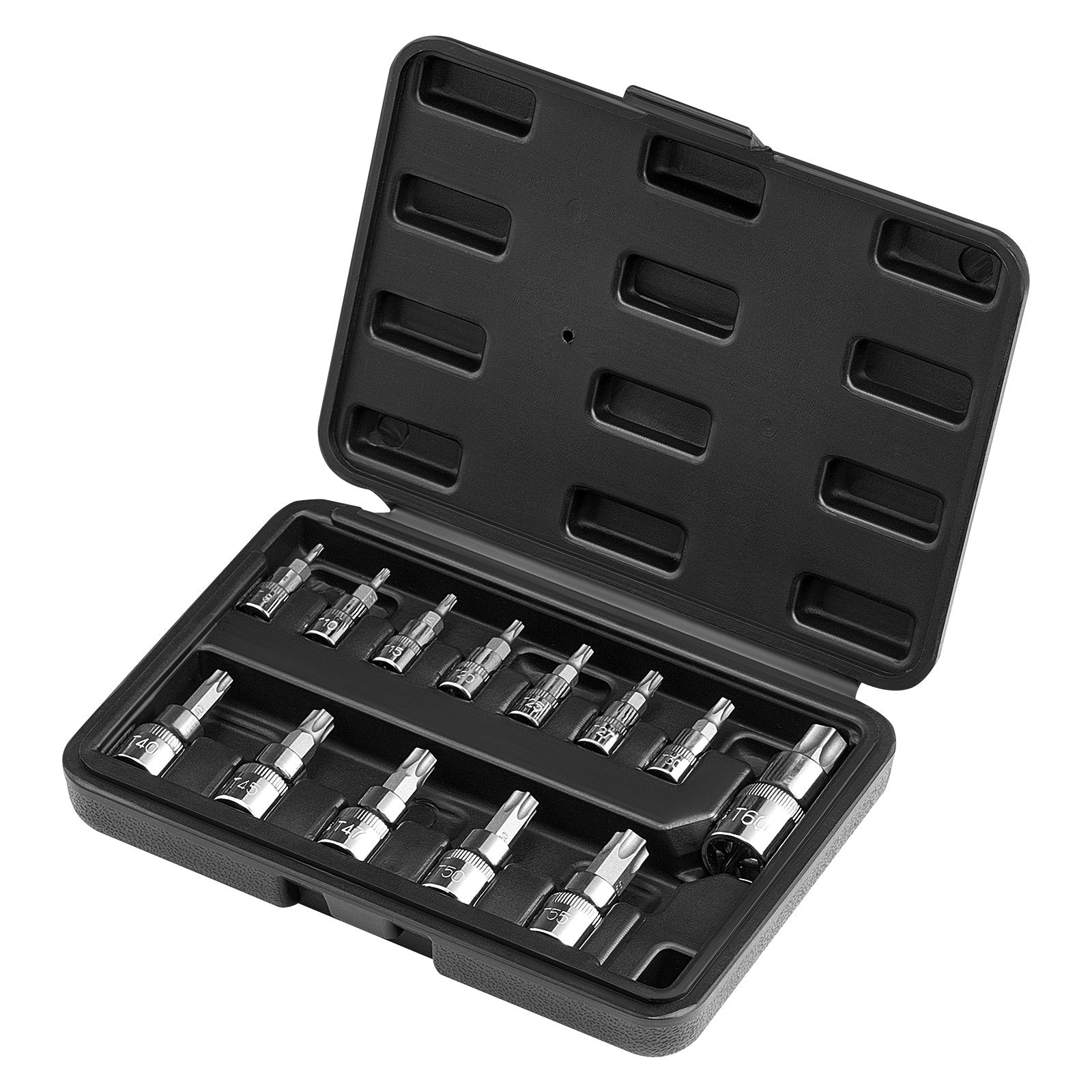 VEVOR Torx Bit Socket Set, 13-Piece Star T8 - T60 Set, S2 Alloy Steel and Cr-V Steel, 1/4 in, 3/8 in, and 1/2 in Drives, with Enhanced Storage Case, Torx Sockets for Hand Use, Mechanics, Auto Repair