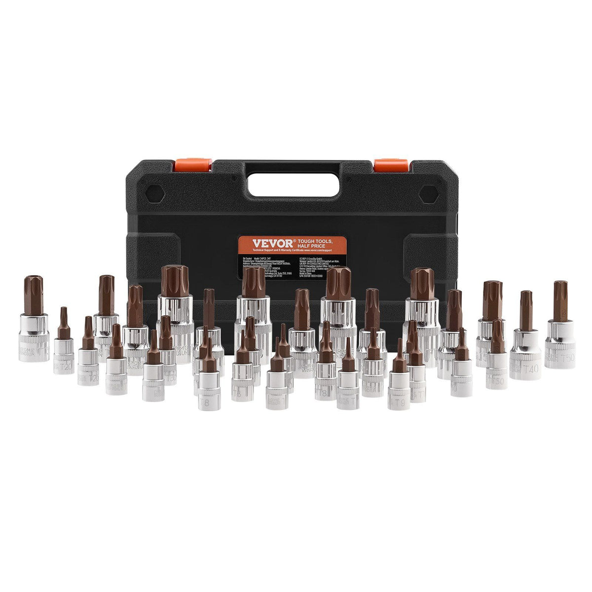 Torx Bit Socket Set, 34-Piece Solid Star and Tamper Proof T6-T70, S2 Alloy Steel and Cr-V Steel, 1/4 in, 3/8 in, and 1/2 in Drives, with Enhanced Storage Case, Torx Sockets for Hand Use