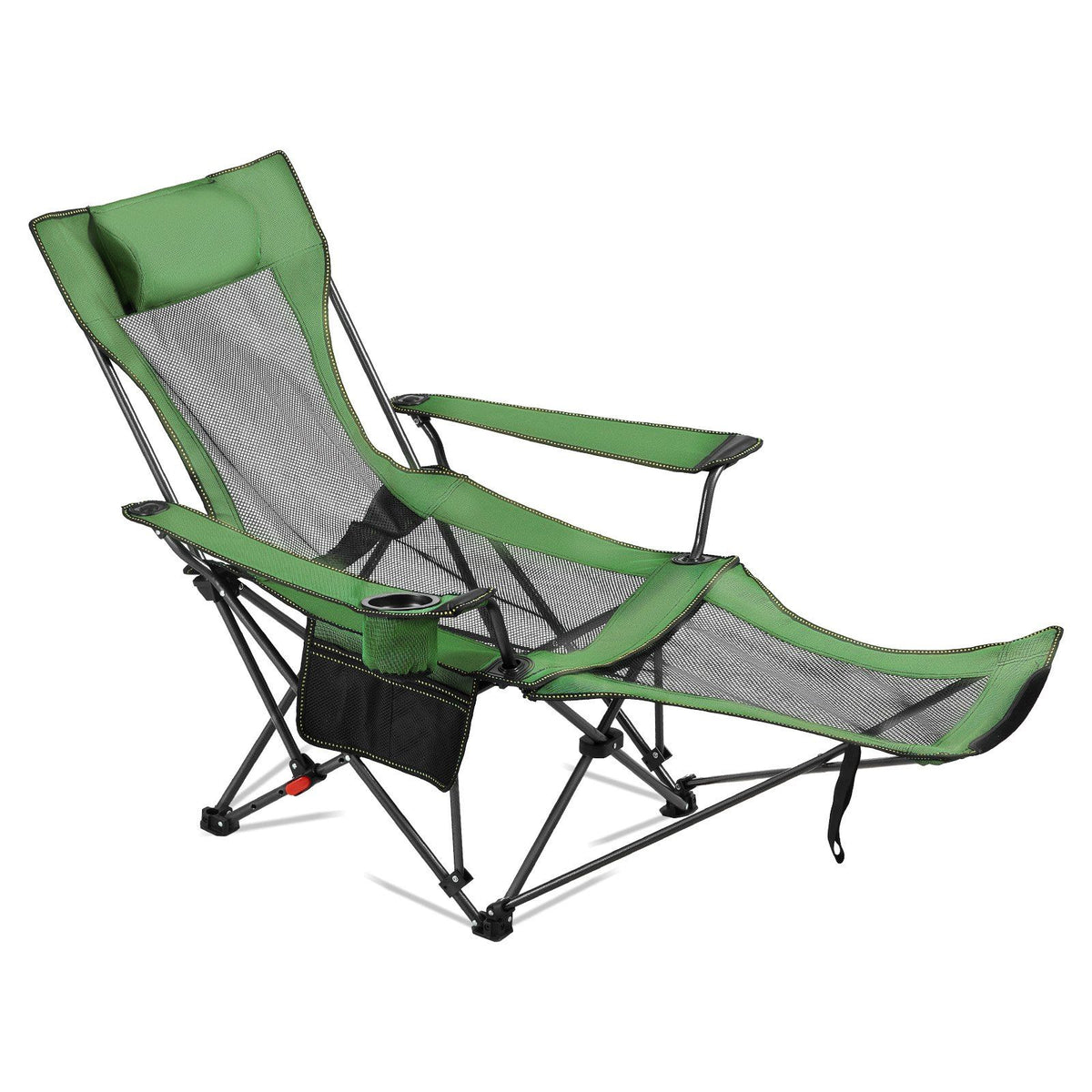 Reclining Camping Chair, 4 Adjustable Positions, Portable Folding Lounger for Adults, Mesh Beach Chair with Headrest &amp; Foot Rest, Supports 220 lbs, Heavy Duty Camp Chairs for Patio, Green
