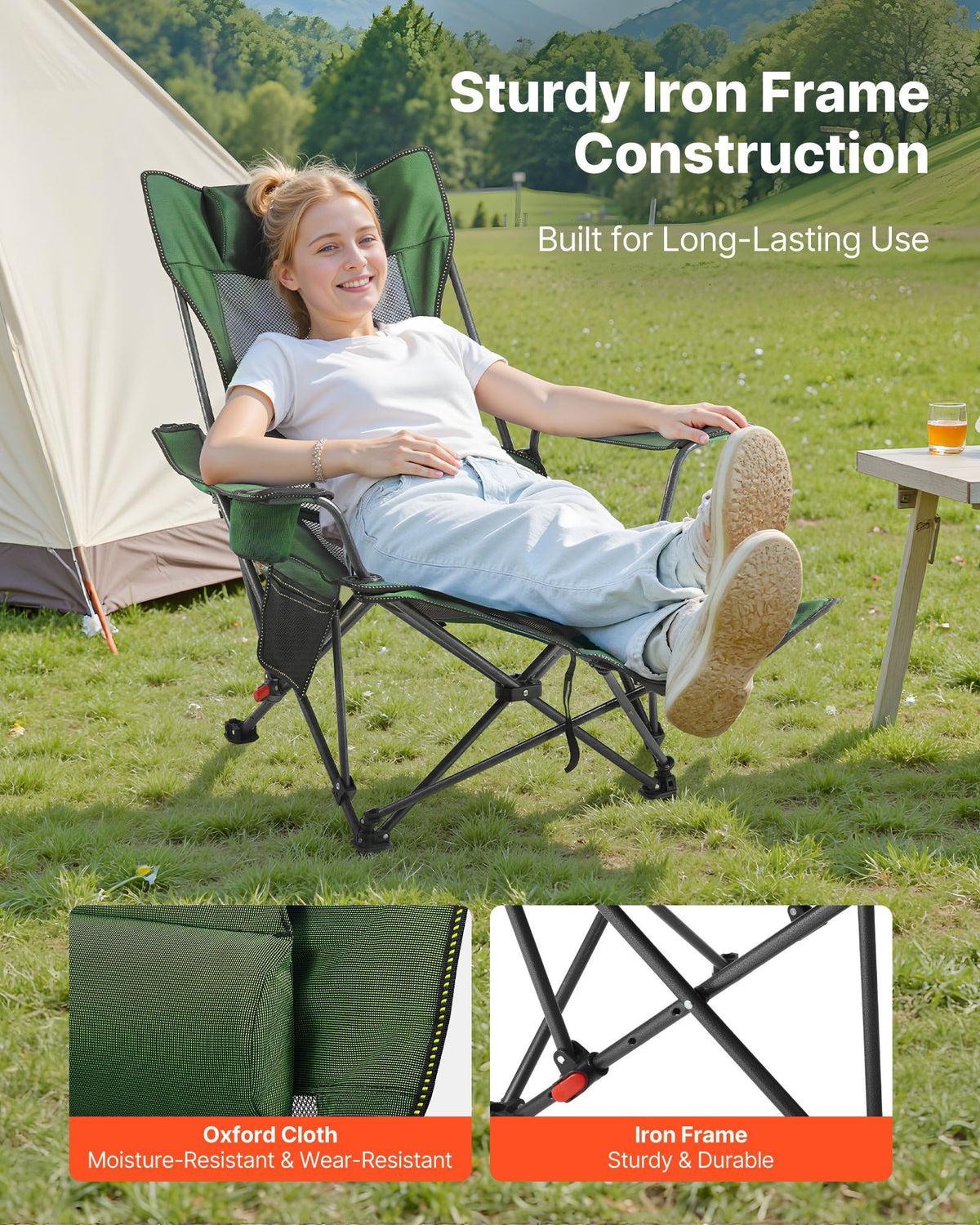 Reclining Camping Chair, 4 Adjustable Positions, Portable Folding Lounger for Adults, Mesh Beach Chair with Headrest & Foot Rest, Supports 220 lbs, Heavy Duty Camp Chairs for Patio, Green