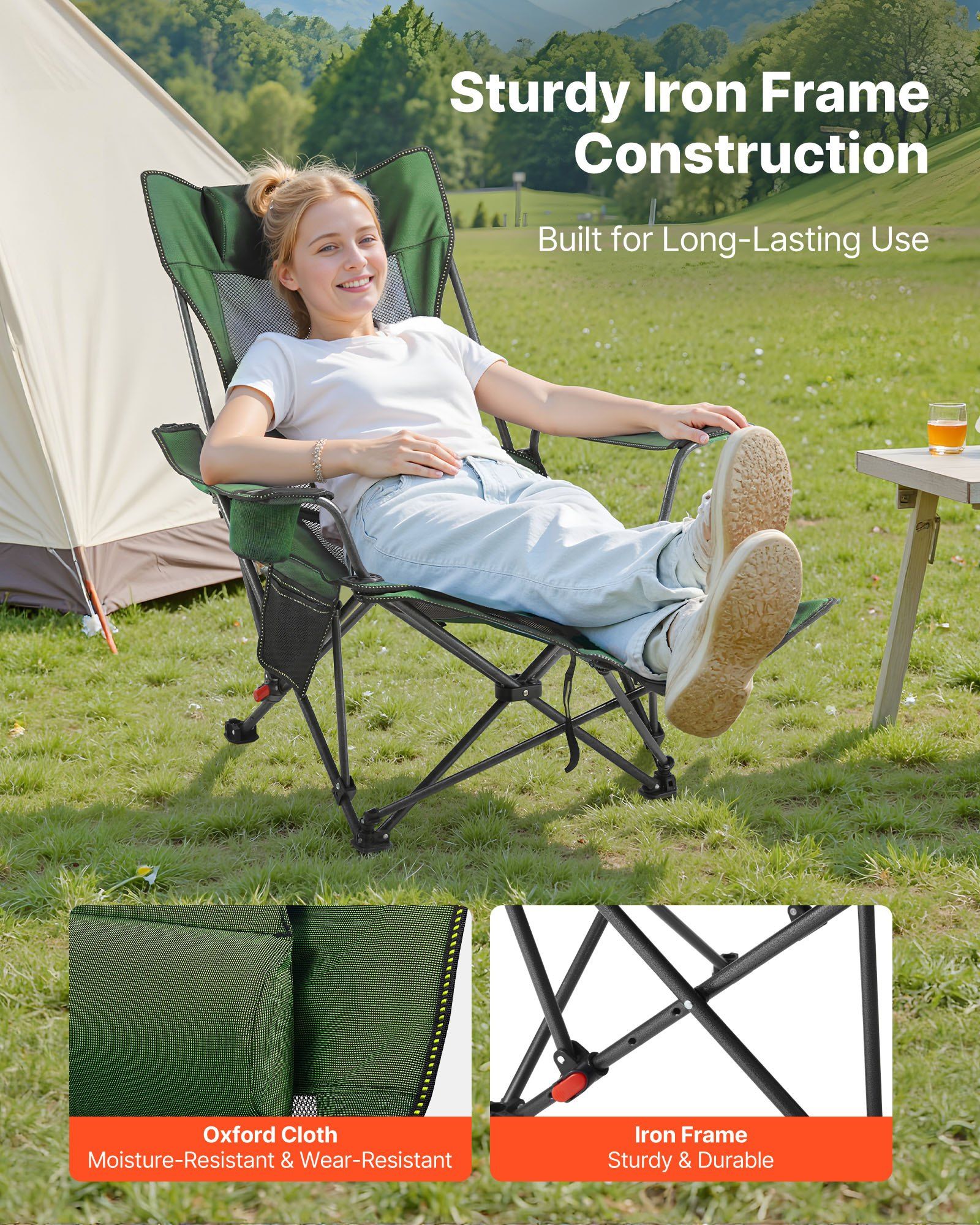 Reclining Camping Chair, 4 Adjustable Positions, Portable Folding Lounger for Adults, Mesh Beach Chair with Headrest & Foot Rest, Supports 220 lbs, Heavy Duty Camp Chairs for Patio, Green