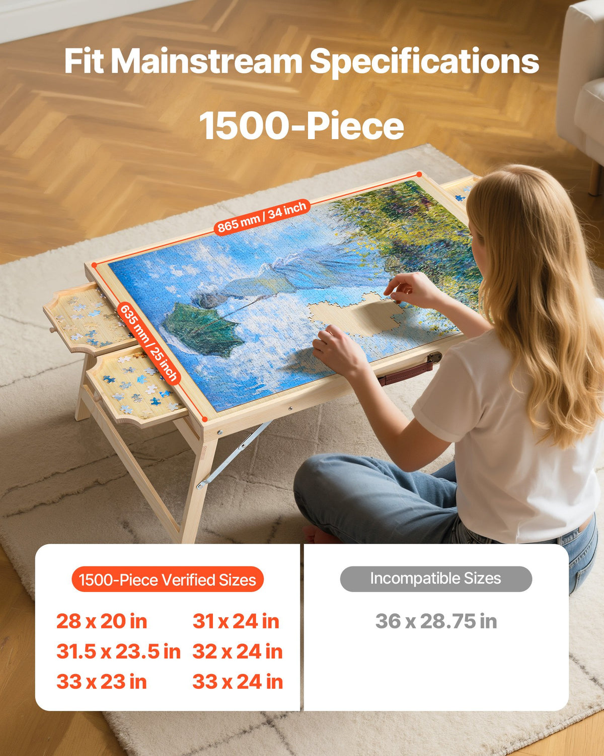 VEVOR 1500 Piece Puzzle Board with Folding Leg Portable Wooden Jigsaw 86x63cm