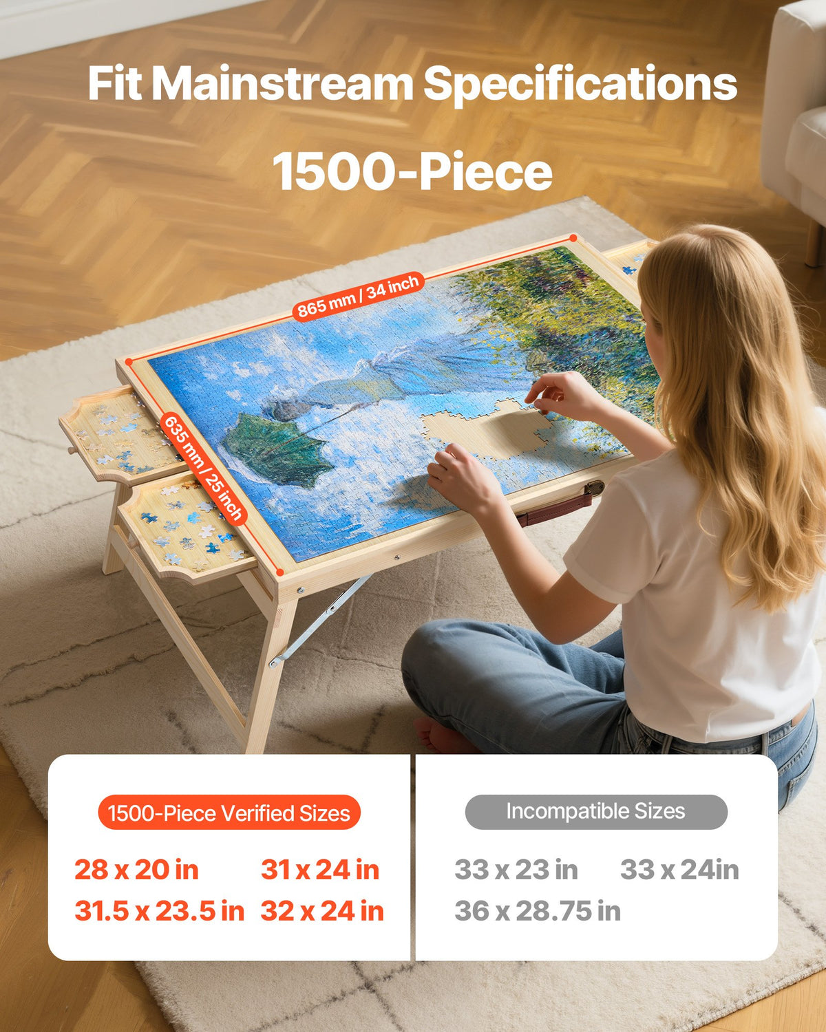 VEVOR 1500 Piece Puzzle Board with Folding Leg Portable Wooden Jigsaw 86x63cm