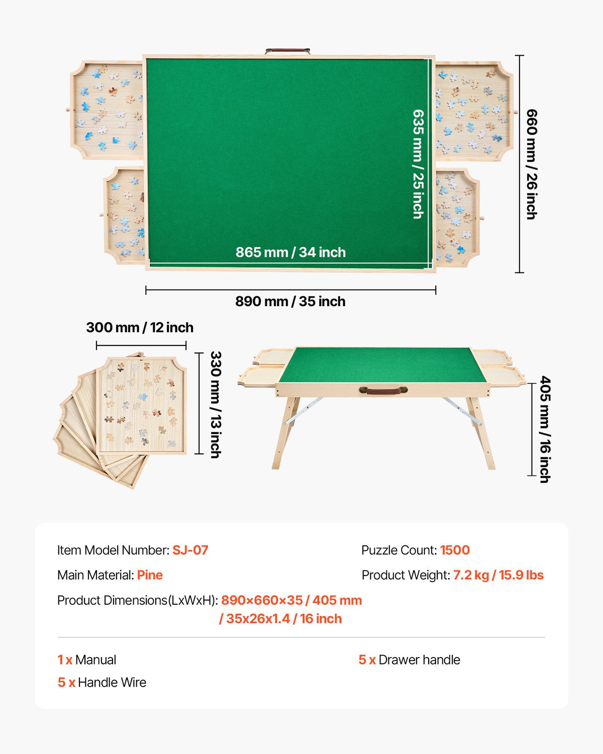 VEVOR 1500 Piece Puzzle Board with Folding Leg Portable Wooden Jigsaw 86x63cm