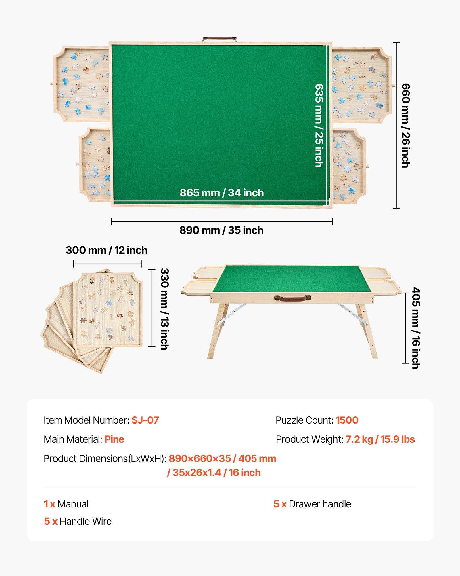 VEVOR 1500 Piece Puzzle Board with Folding Leg Portable Wooden Jigsaw 86x63cm