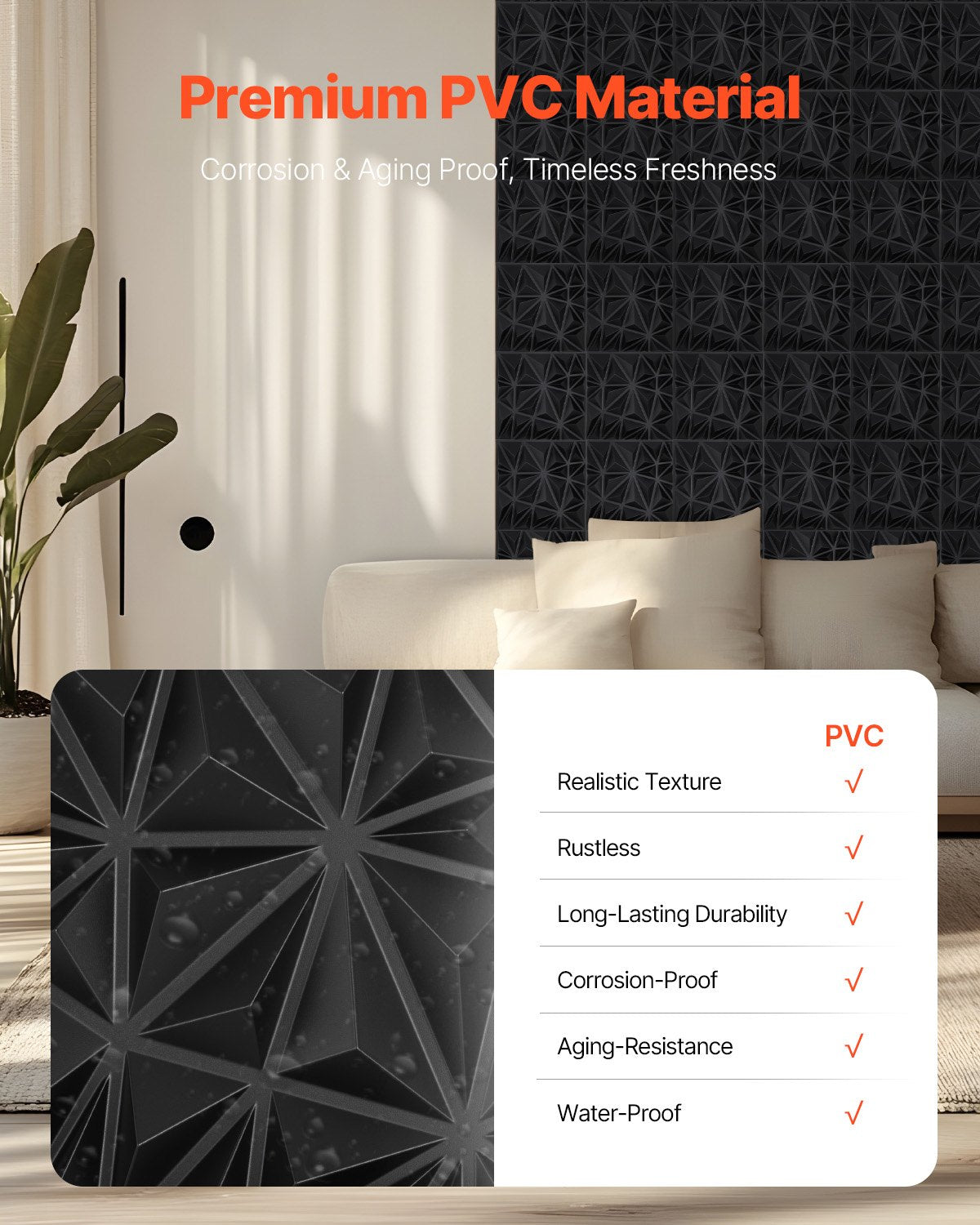 VEVOR 3D Wall Panels, 33-Pack 30 x 30 cm PVC Modern Art Minimalist Diamond Tiles, 2.97 m² Coverage Accent Wall Panel, Interior Home Decor for Ceiling, Bedroom, Living Room, Gaming Room, Matte Black