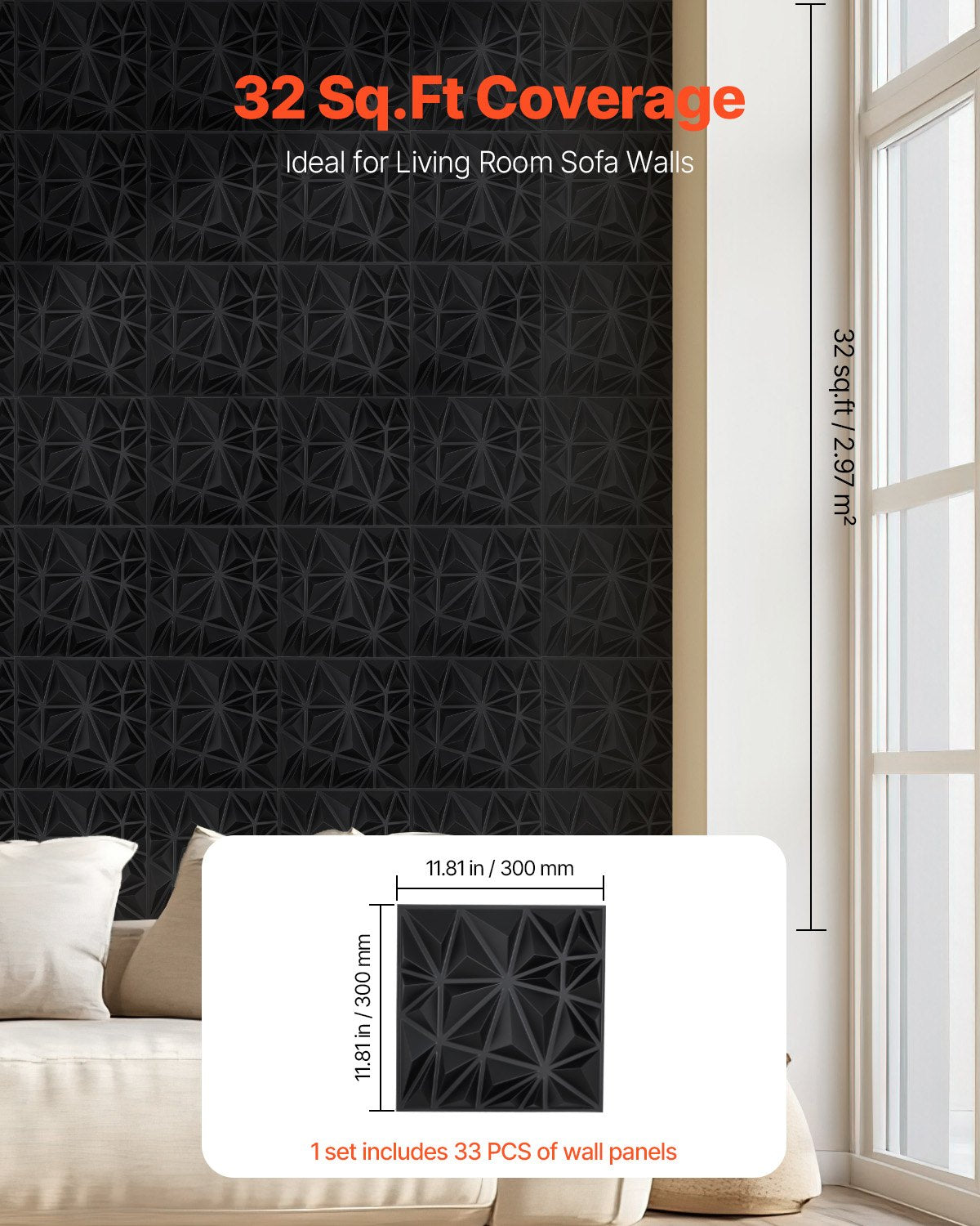 VEVOR 3D Wall Panels, 33-Pack 30 x 30 cm PVC Modern Art Minimalist Diamond Tiles, 2.97 m² Coverage Accent Wall Panel, Interior Home Decor for Ceiling, Bedroom, Living Room, Gaming Room, Matte Black