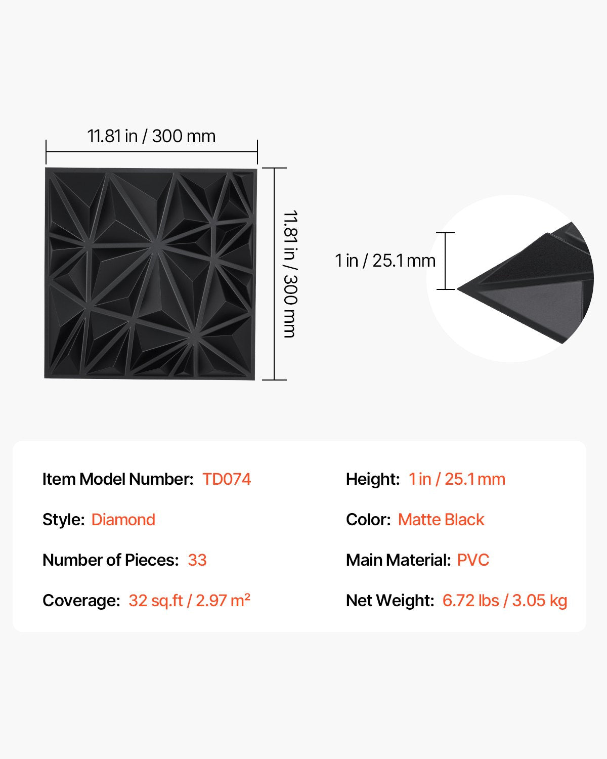 VEVOR 3D Wall Panels, 33-Pack 30 x 30 cm PVC Modern Art Minimalist Diamond Tiles, 2.97 m² Coverage Accent Wall Panel, Interior Home Decor for Ceiling, Bedroom, Living Room, Gaming Room, Matte Black