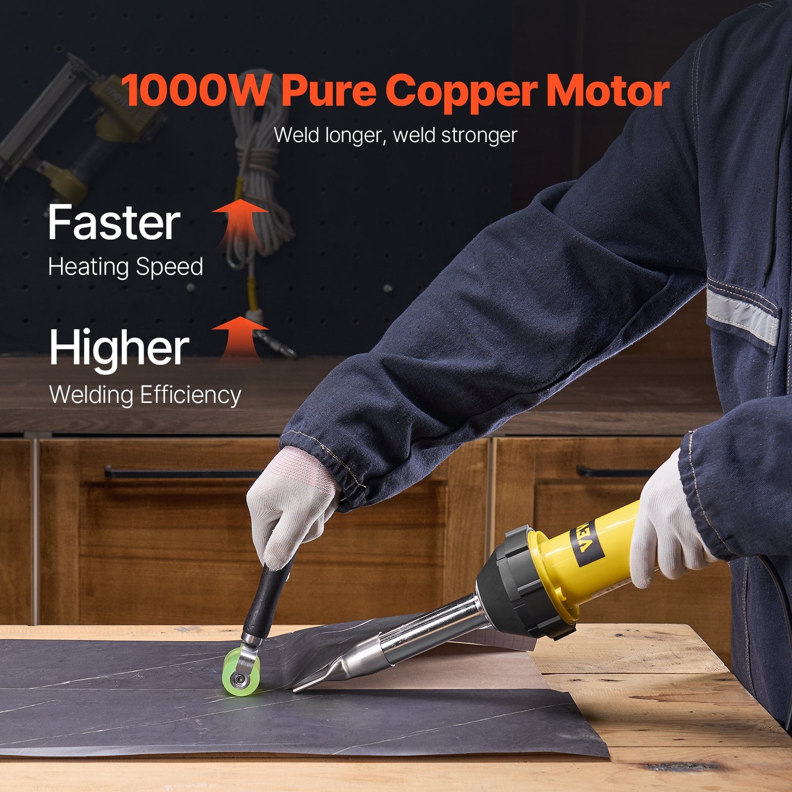 VEVOR Hot Air Plastic Welder, 1000W Hot Air Torch Pistol, 50- 600°C PVC TPO Vinyl Heat Gun Welding Torch, Plastic Welding Kit with 4 Accessories- 2 Nozzles, 1 Seam Roller & Brush for PP/PE/PVC Sheet