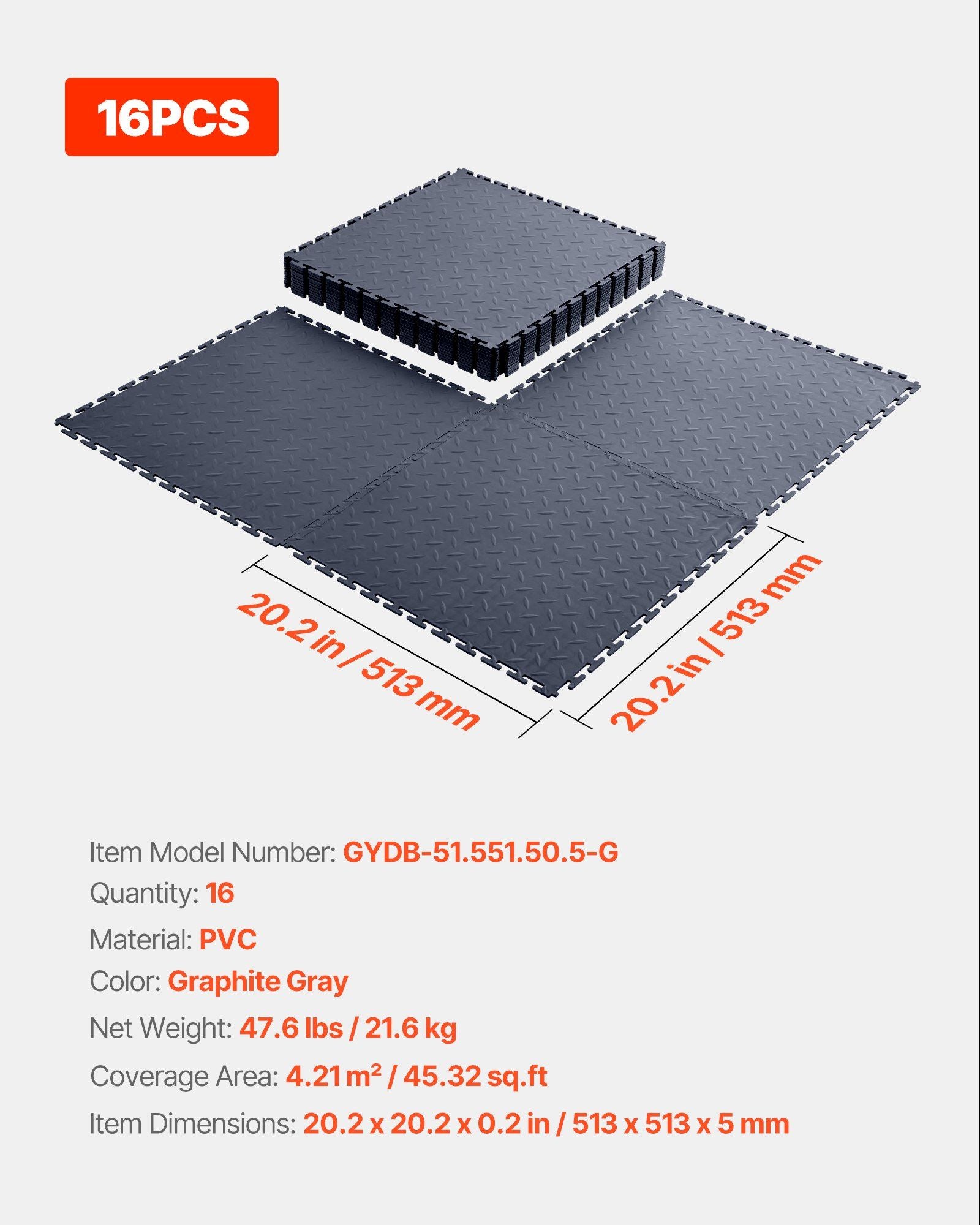 Garage Floor Tiles Interlocking, 16 Pack 513 x 513 x 5 mm Interlocking Modular Garage Flooring Tiles, Diamond Plate Slip-Resistant PVC Mats for Workshop,Warehouse,Tool Room, Graphite Gray