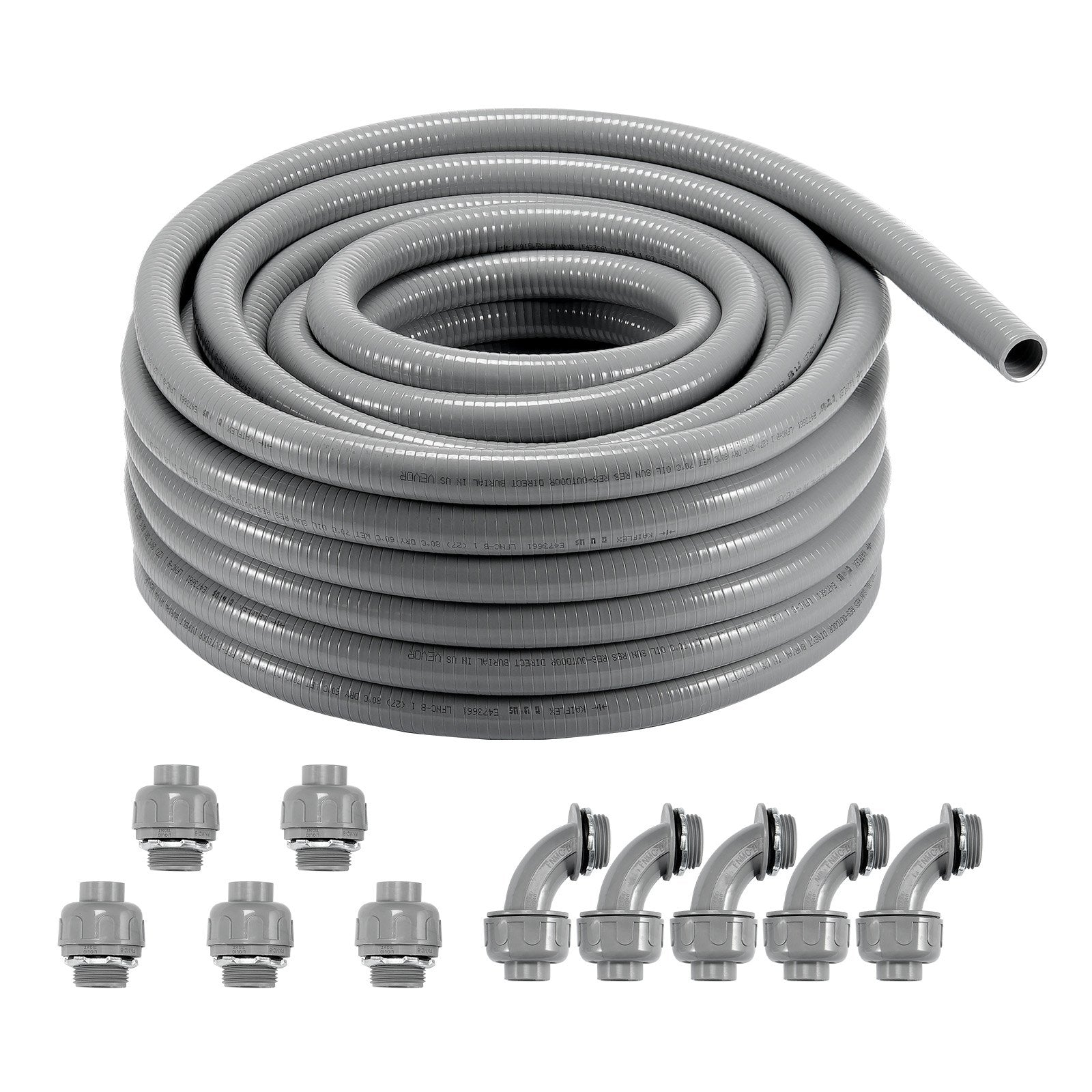 VEVOR 12.7 mm Flexible Electrical Conduit, 30.5 m, PVC Liquid-Tight Conduit Non-Metallic with 5 Straight and 5 90-Degree Conduit Connector Fittings, for Air Conditioning Motor Controller Pump, IP65