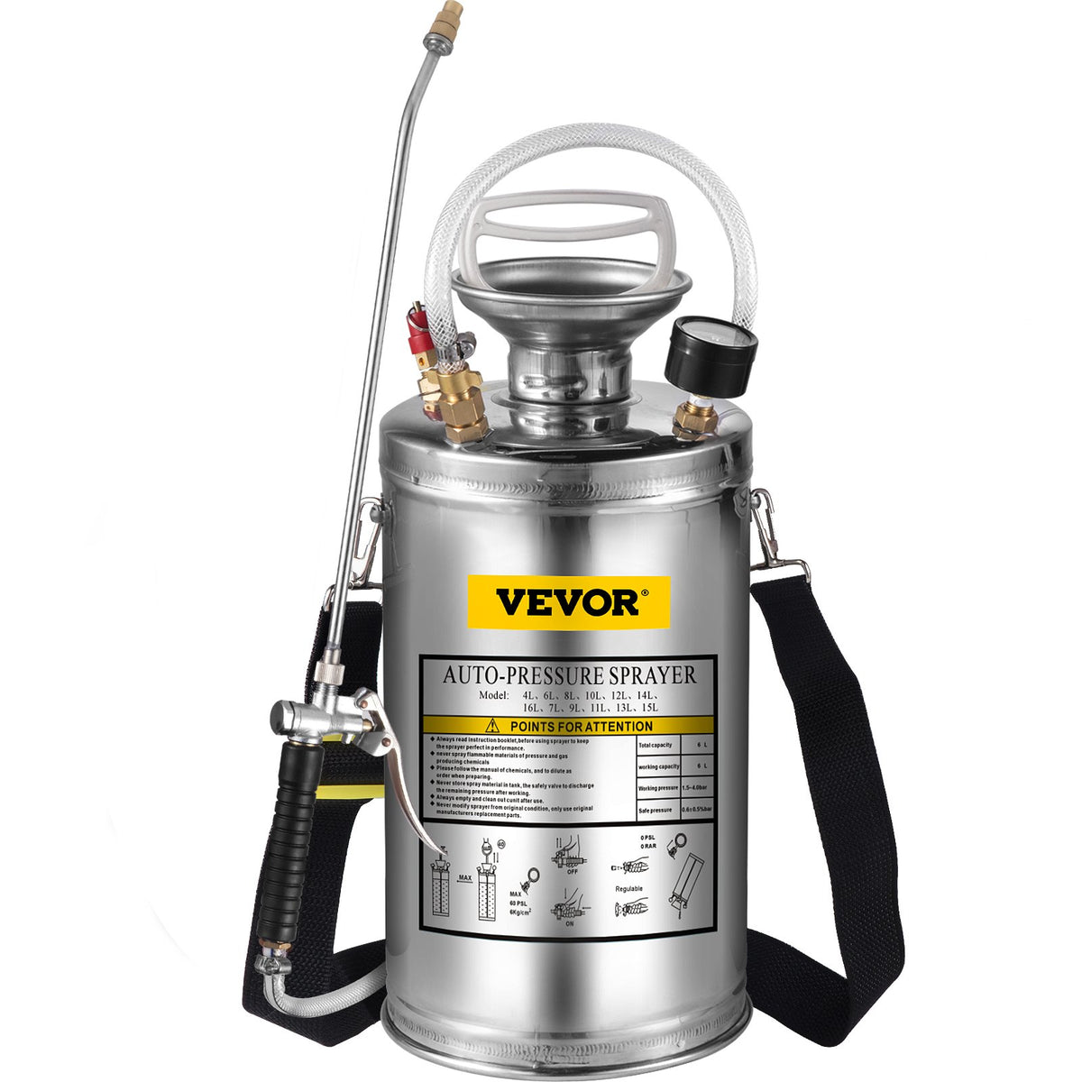 VEVOR 1.5Gal Stainless Steel Sprayer, Set with 16" Wand&amp; Handle&amp; 3.3FT Reinforced Hose, Hand Pump Sprayer with Pressure Gauge&amp;Safety Valve, Adjustable Nozzle Suitable for Gardening&amp; Sanitizing