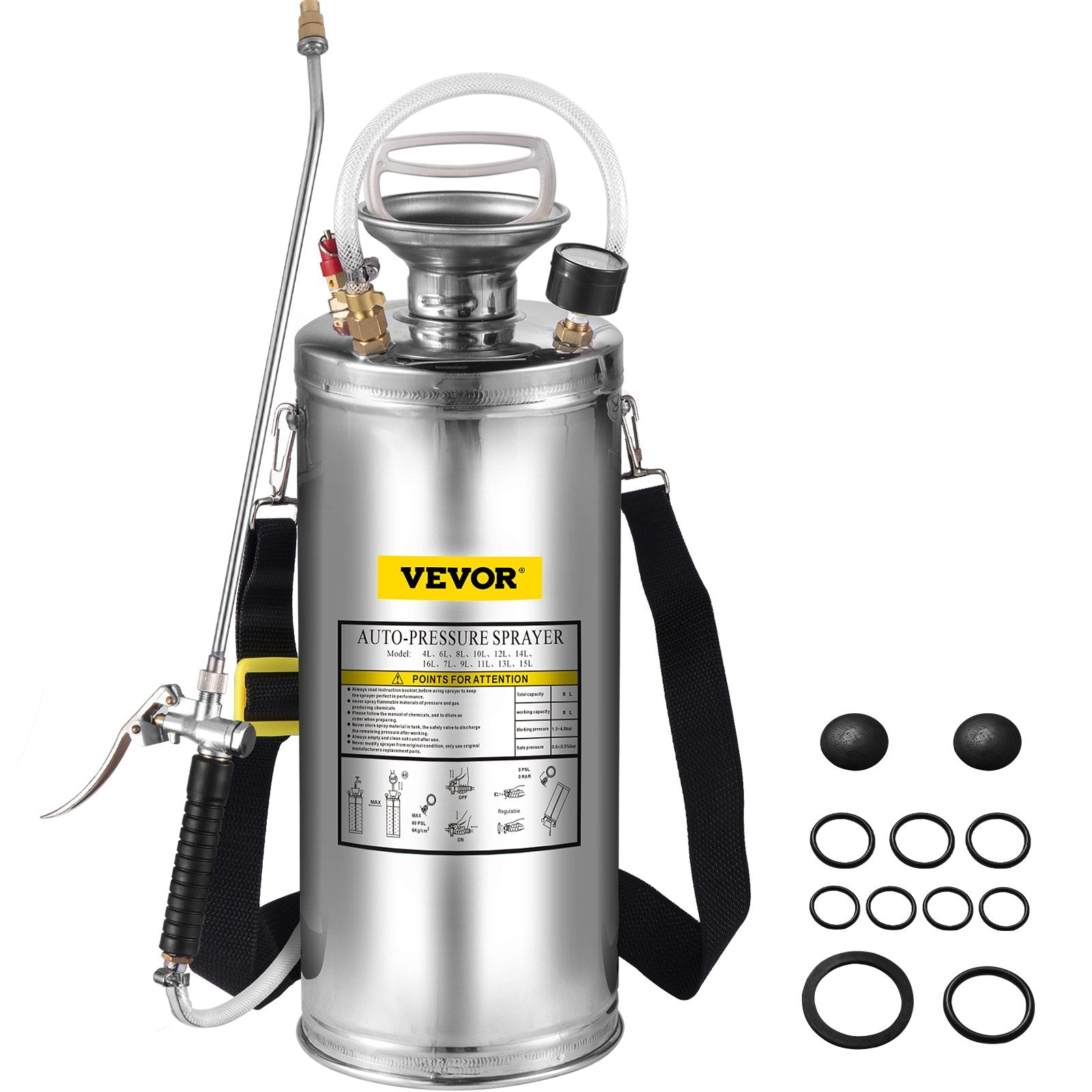 VEVOR 2Gal Stainless Steel Sprayer, Set with 20\" Wand& Handle& 3FT Reinforced Hose, Hand Pump Sprayer with Pressure Gauge&Safety Valve, Adjustable Nozzle Suitable for Gardening and Sanitizing