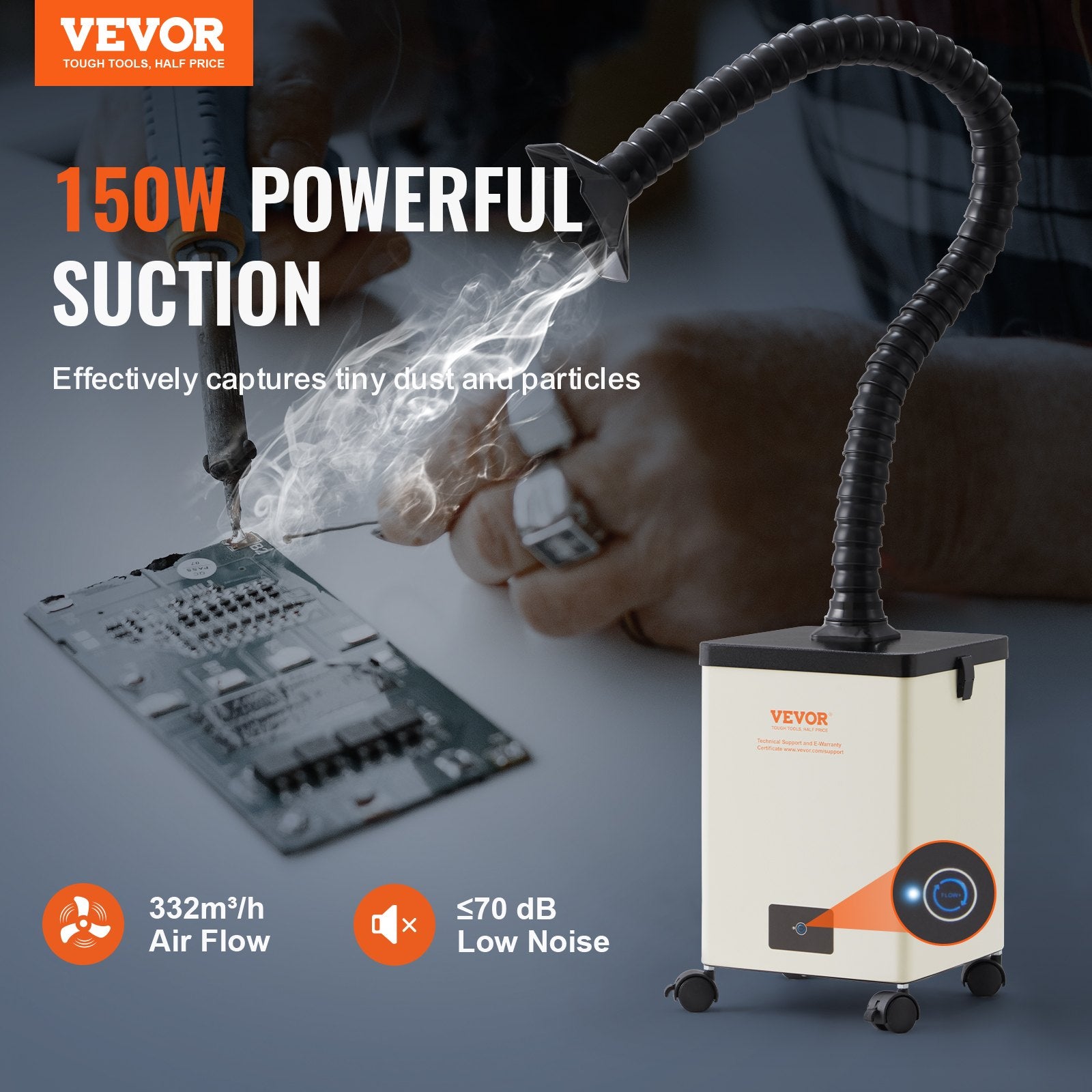 VEVOR Solder Fume Extractor, 150W Soldering Smoke Extractor with 3-Stage Filters, 332 m³/h Strong Suction Smoke Absorber and Purifier for Soldering, Engraving, DIY Welding, Salon