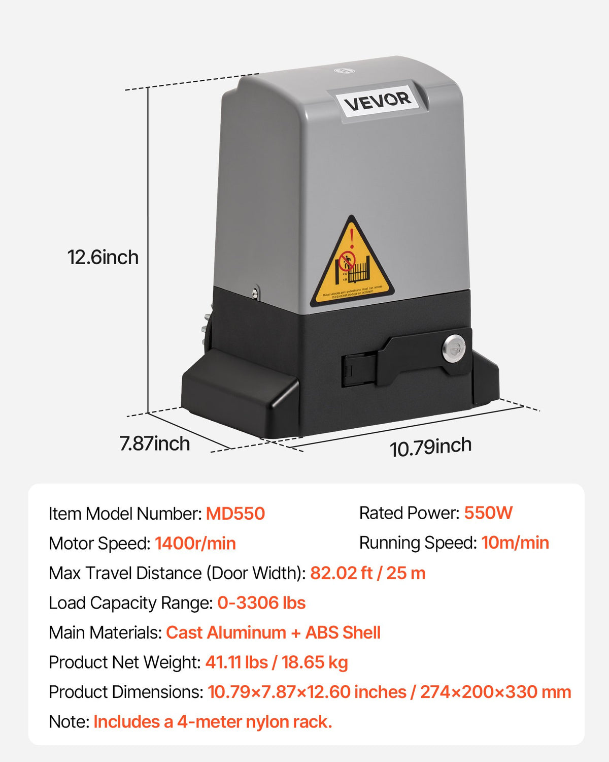VEVOR 550W Electric Sliding Gate Opener 1500kg Chain Drive Infrared Sensor