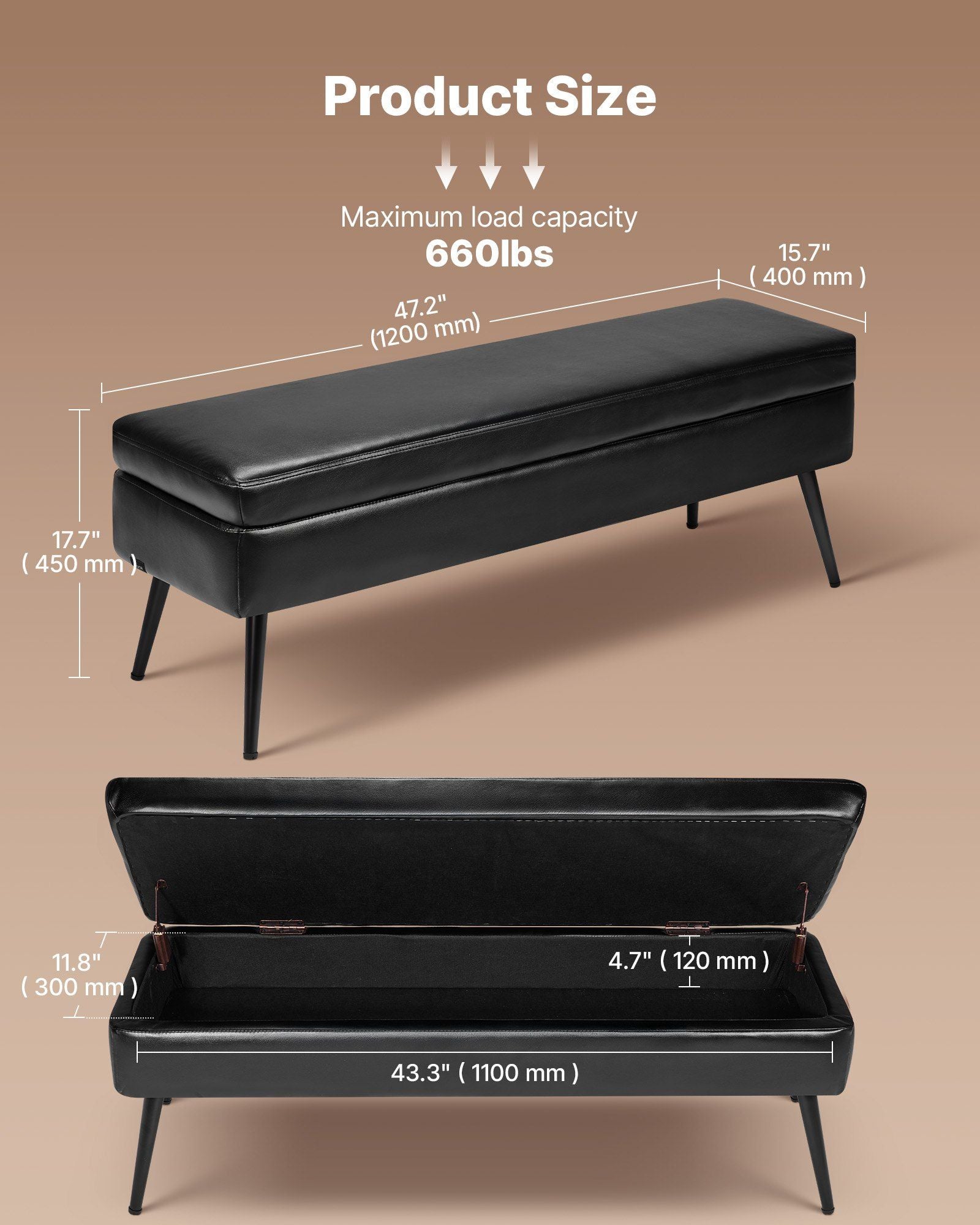 Leather Storage Ottoman Bench, PU Leather Bench with Storage and Metal Legs, Modern Shoe Benches Seat for Entryway, Upholstered End of Bed Benches for Living Room, Dining Room, Hallway, Black